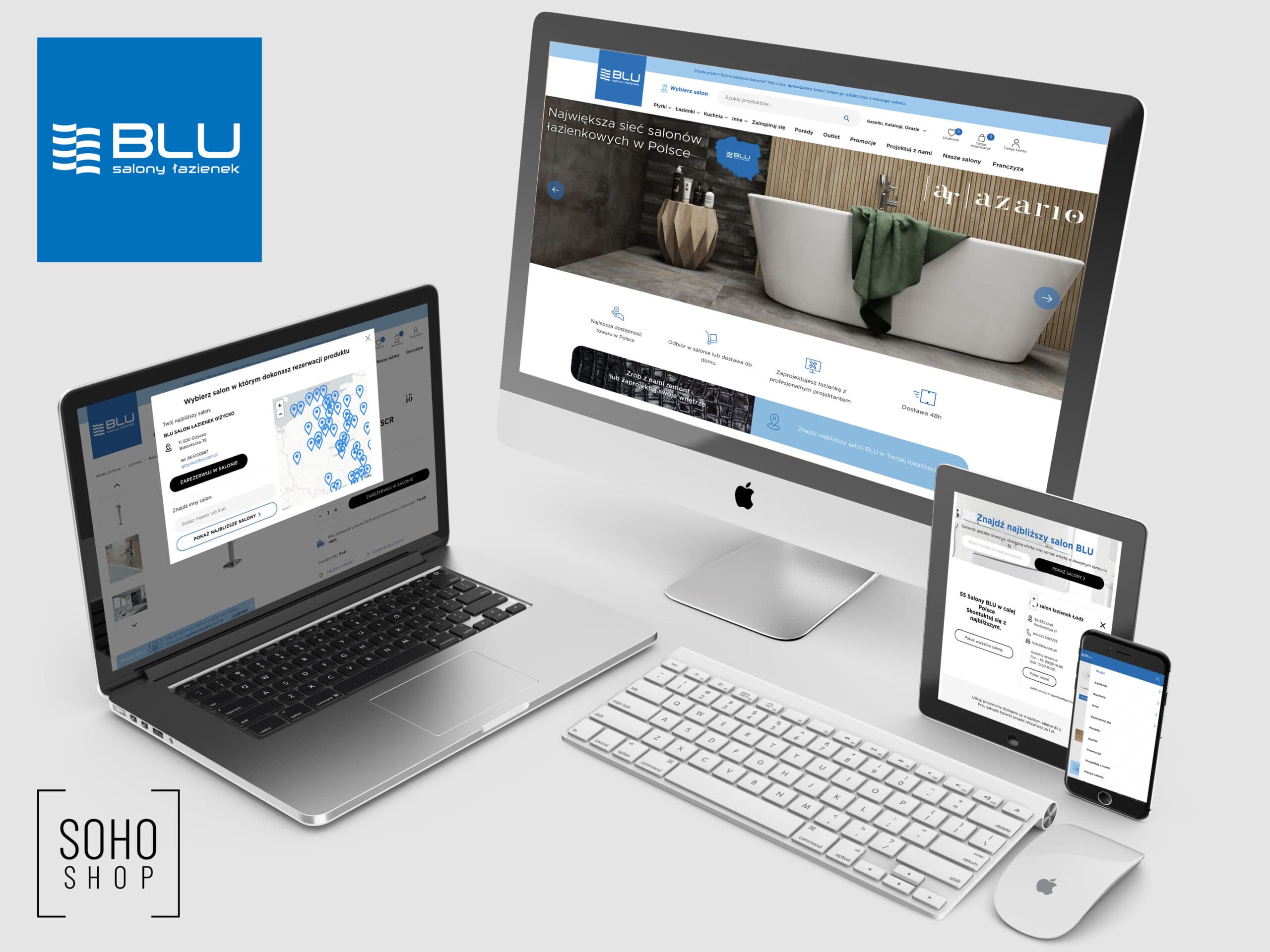 Strona internetowa BLU Salony Łazienek wyświetlona na monitorze, laptopie, tablecie i smartfonie. Logo Soho Shop.