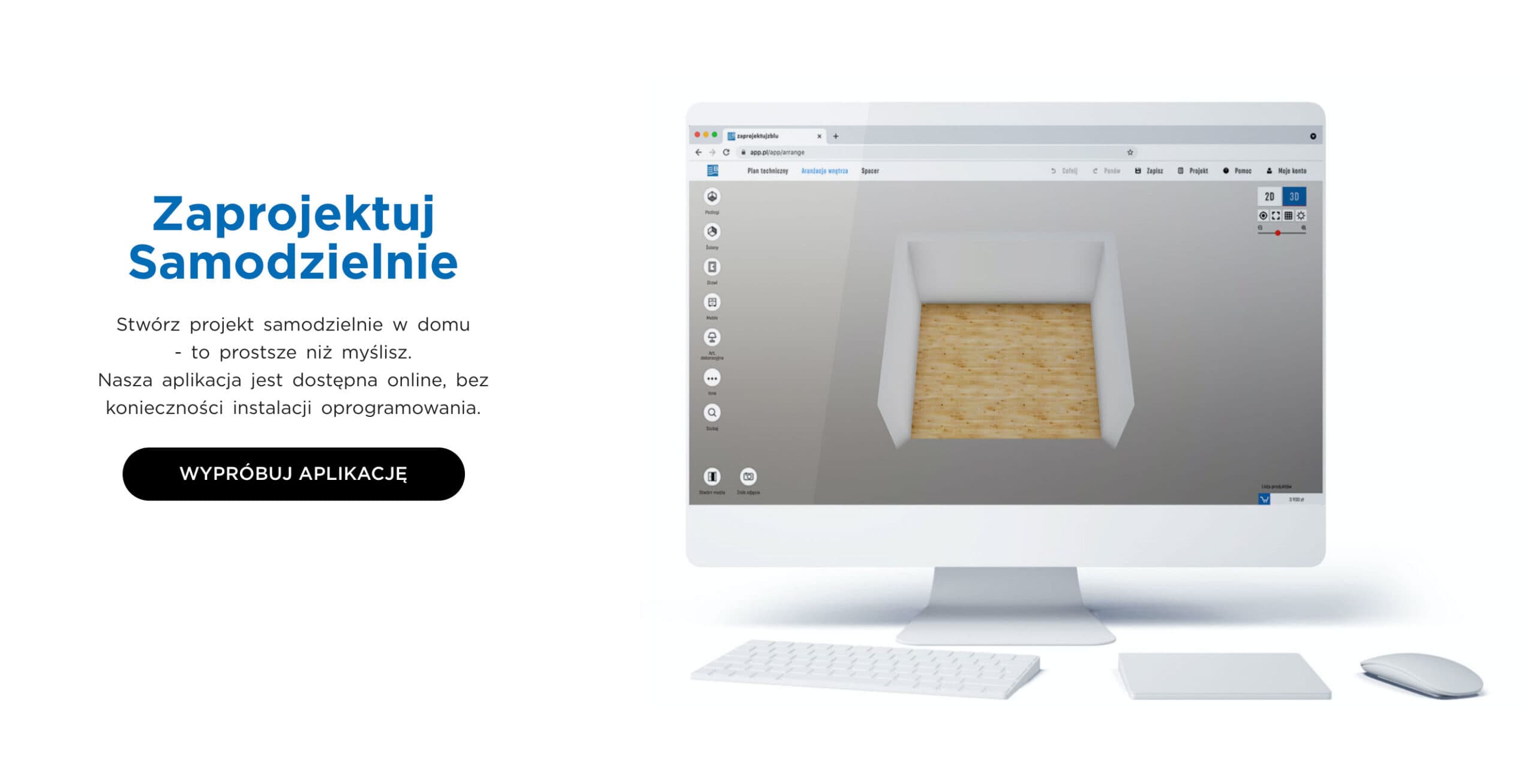 Monitor z aplikacją do projektowania wnętrz 3D online, napis „Zaprojektuj Samodzielnie" i przycisk „Wypróbuj aplikację".
