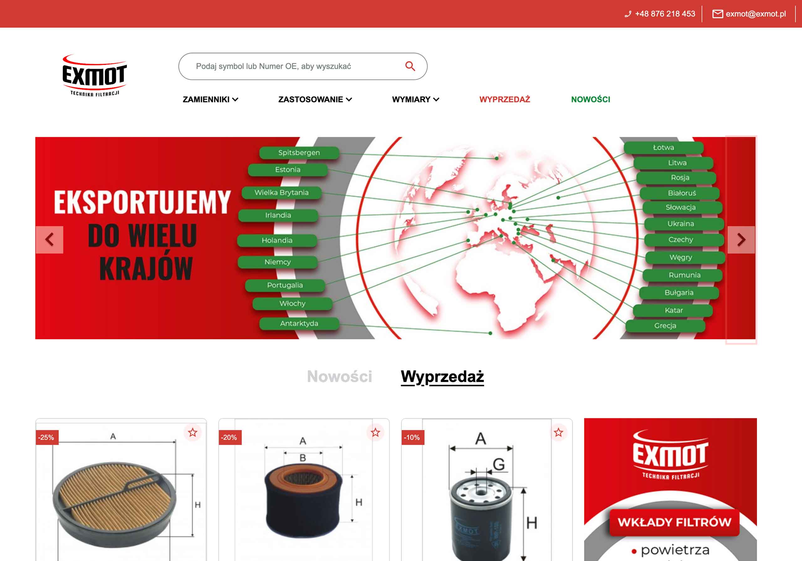 Strona główna sklepu Exmot Technika Filtracji z banerem „Eksportujemy do wielu krajów" i mapą świata z oznaczonymi krajami.