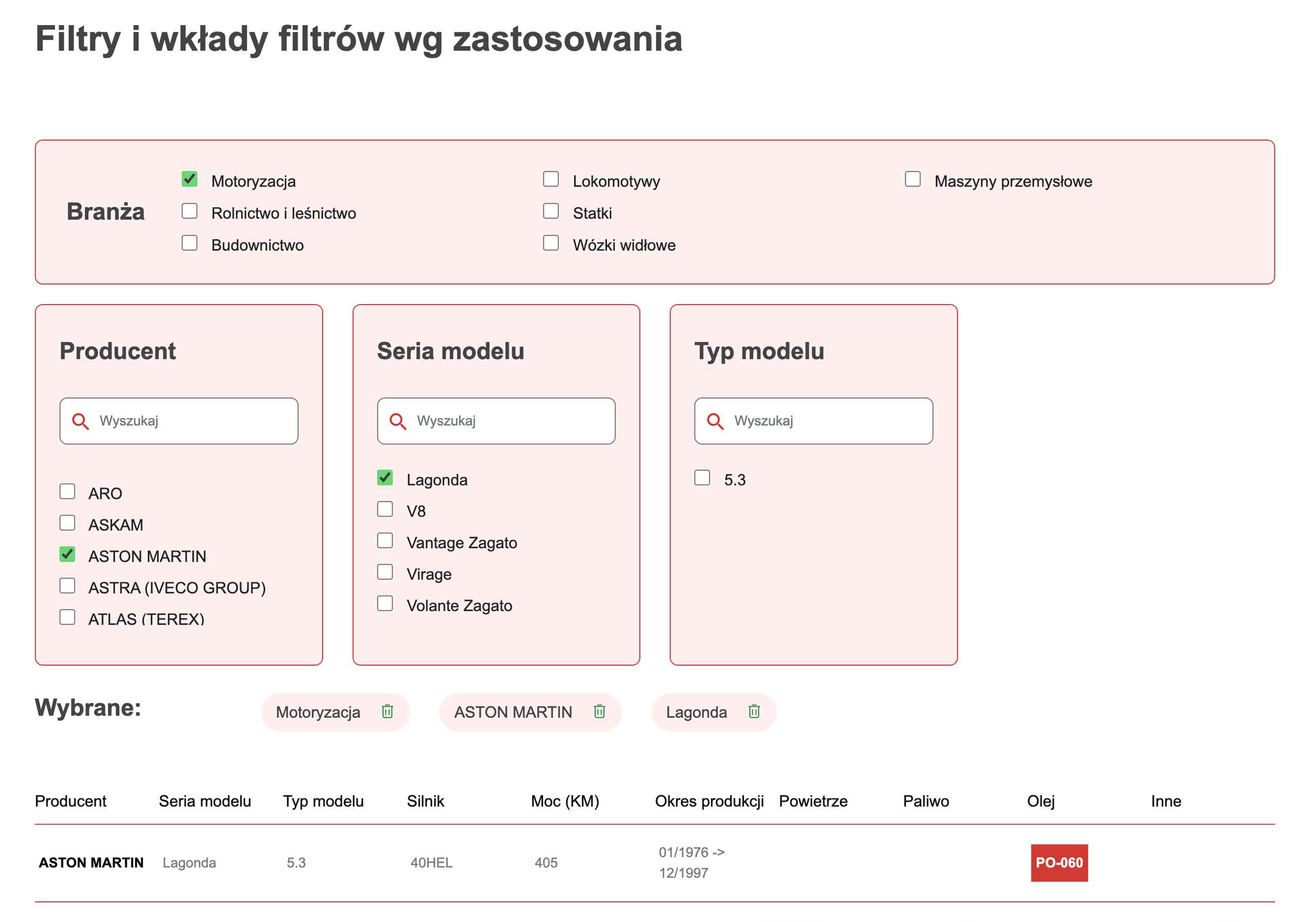 Wyszukiwarka „Filtry i wkłady filtrów wg zastosowania" z filtrami Branża, Producent, Seria modelu, Typ modelu.