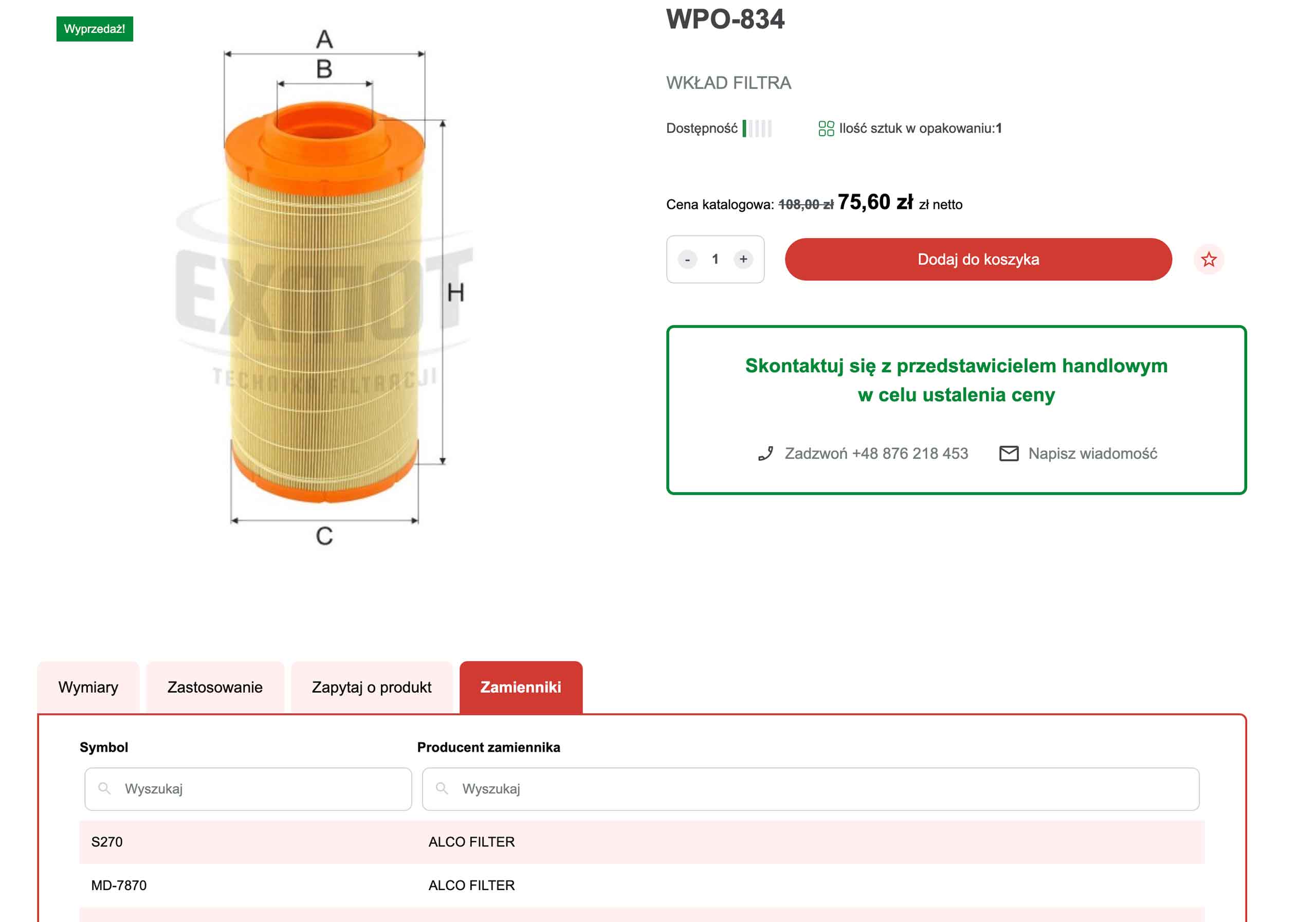Wkład filtra powietrza WPO-834 w sklepie Exmot – cena 75,60 zł netto, zamienniki S270 i MD-7870 marki ALCO FILTER.