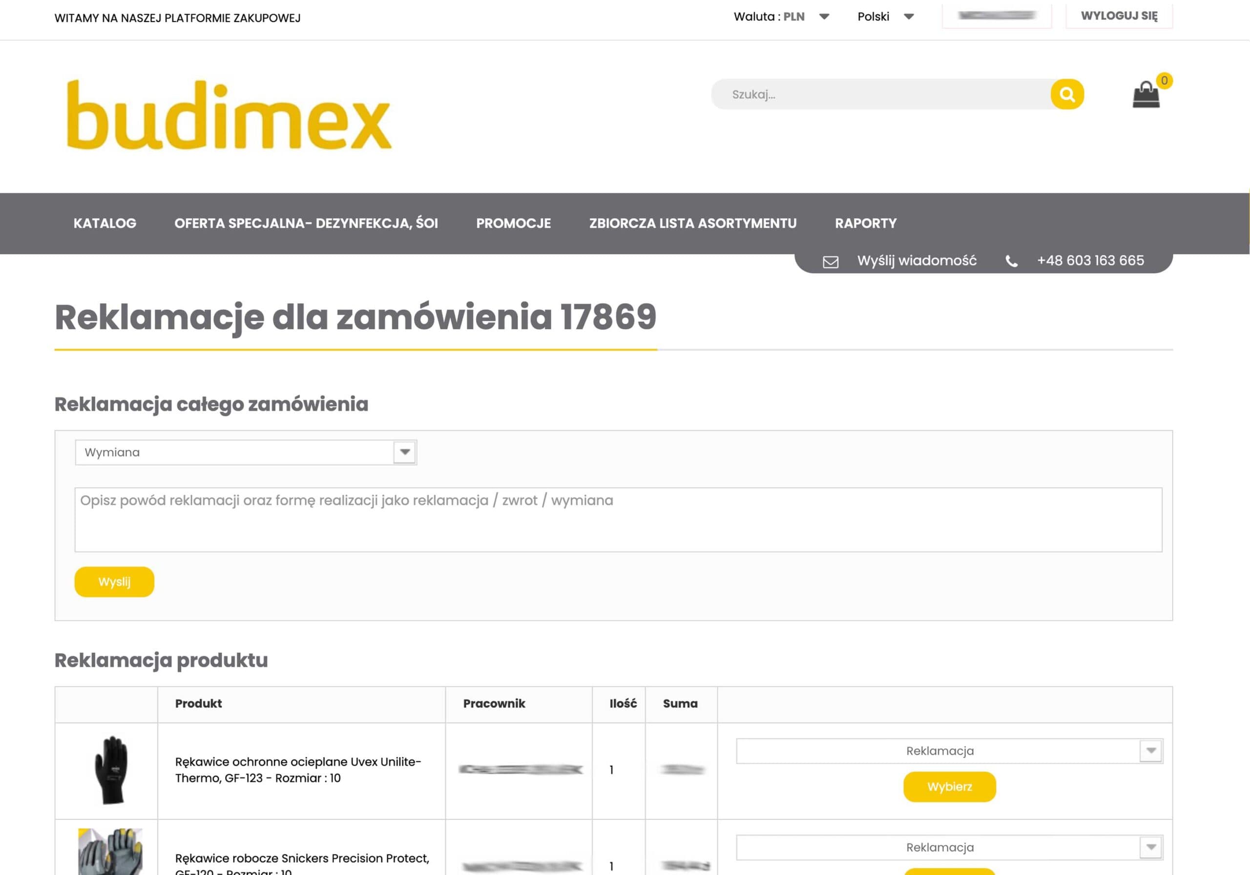 Platforma zakupowa Budimex – formularz reklamacji dla zamówienia 17869 z listą produktów.