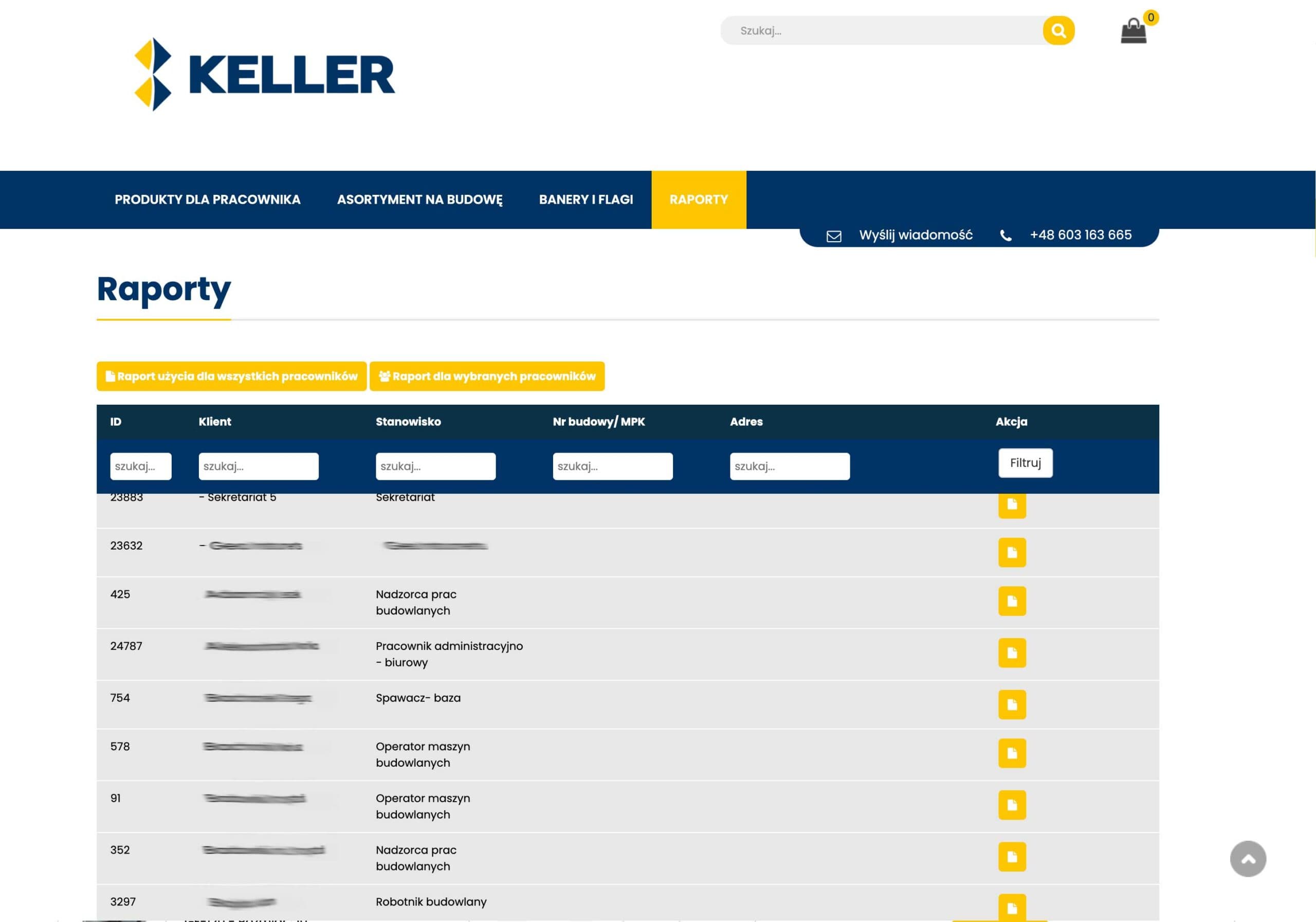 Strona Raporty w sklepie Keller – tabela z kolumnami ID, Klient, Stanowisko, Nr budowy/MPK, Adres, Akcja.