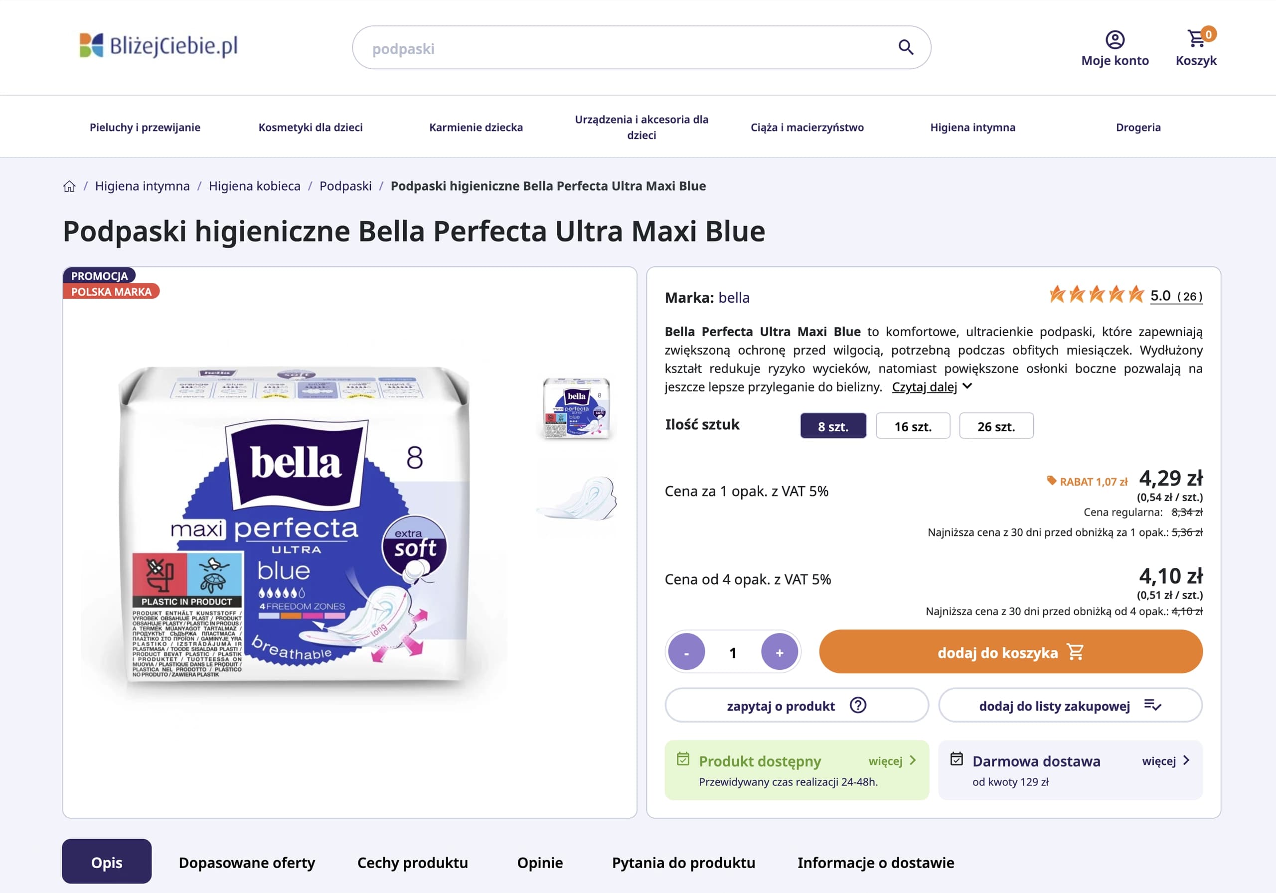 Strona produktu Podpaski higieniczne Bella Perfecta Ultra Maxi Blue w sklepie BliżejCiebie.pl, cena 4,29 zł, ocena 5,0.