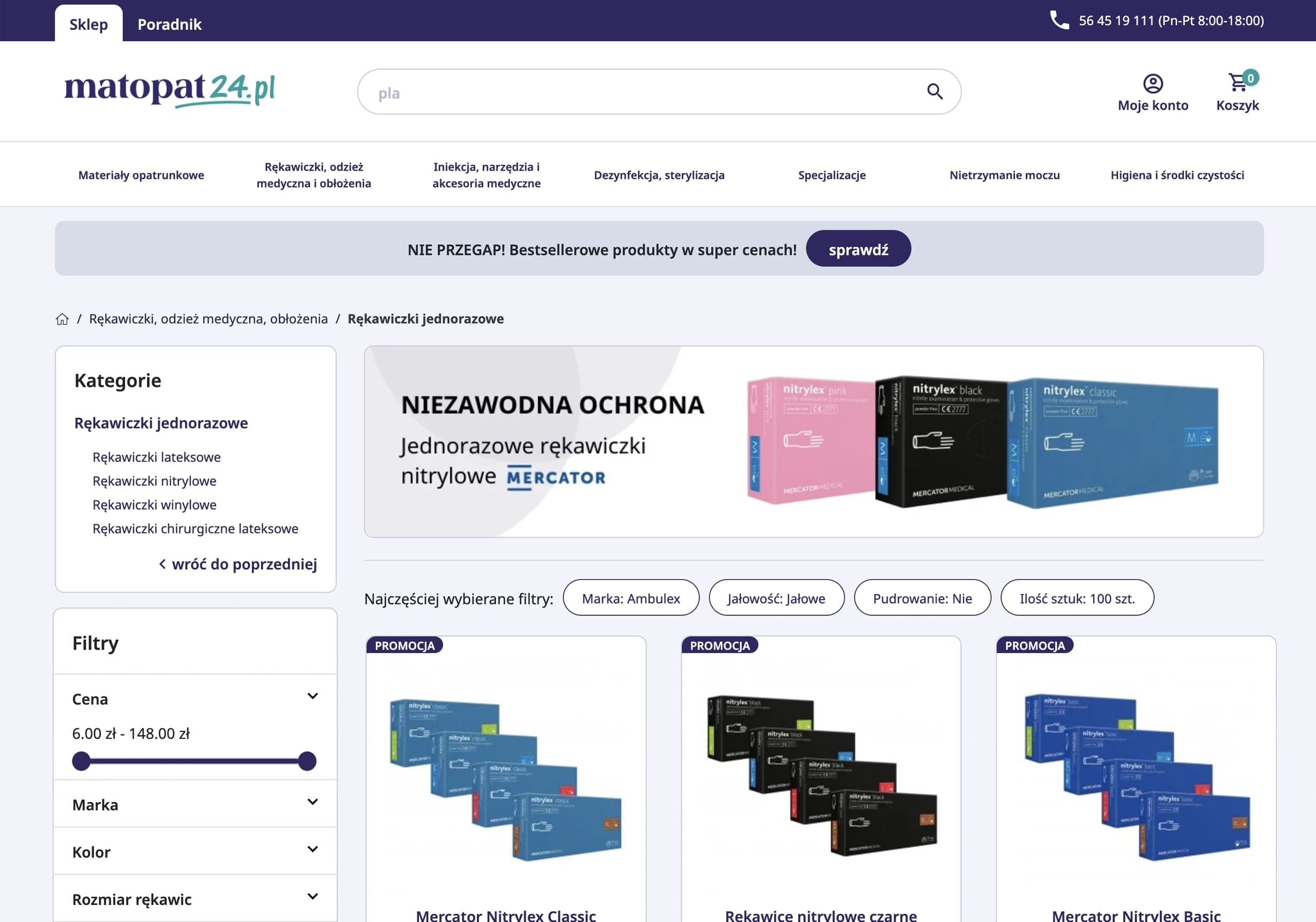 Strona matopat24.pl z kategorią rękawiczki jednorazowe, baner Mercator „Niezawodna ochrona".
