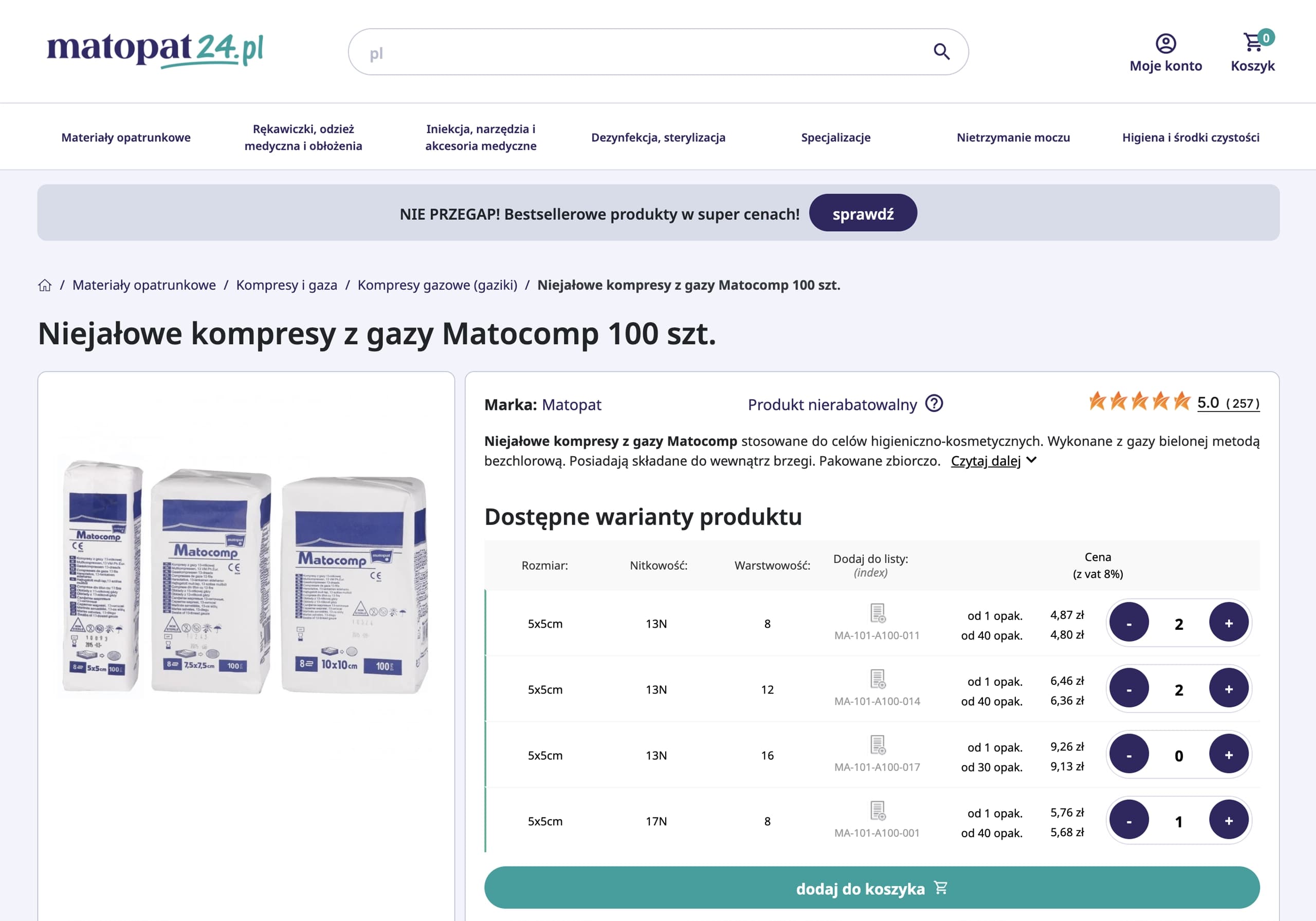 Strona produktu matopat24.pl – Niejałowe kompresy z gazy Matocomp 100 szt., tabela wariantów z cenami.