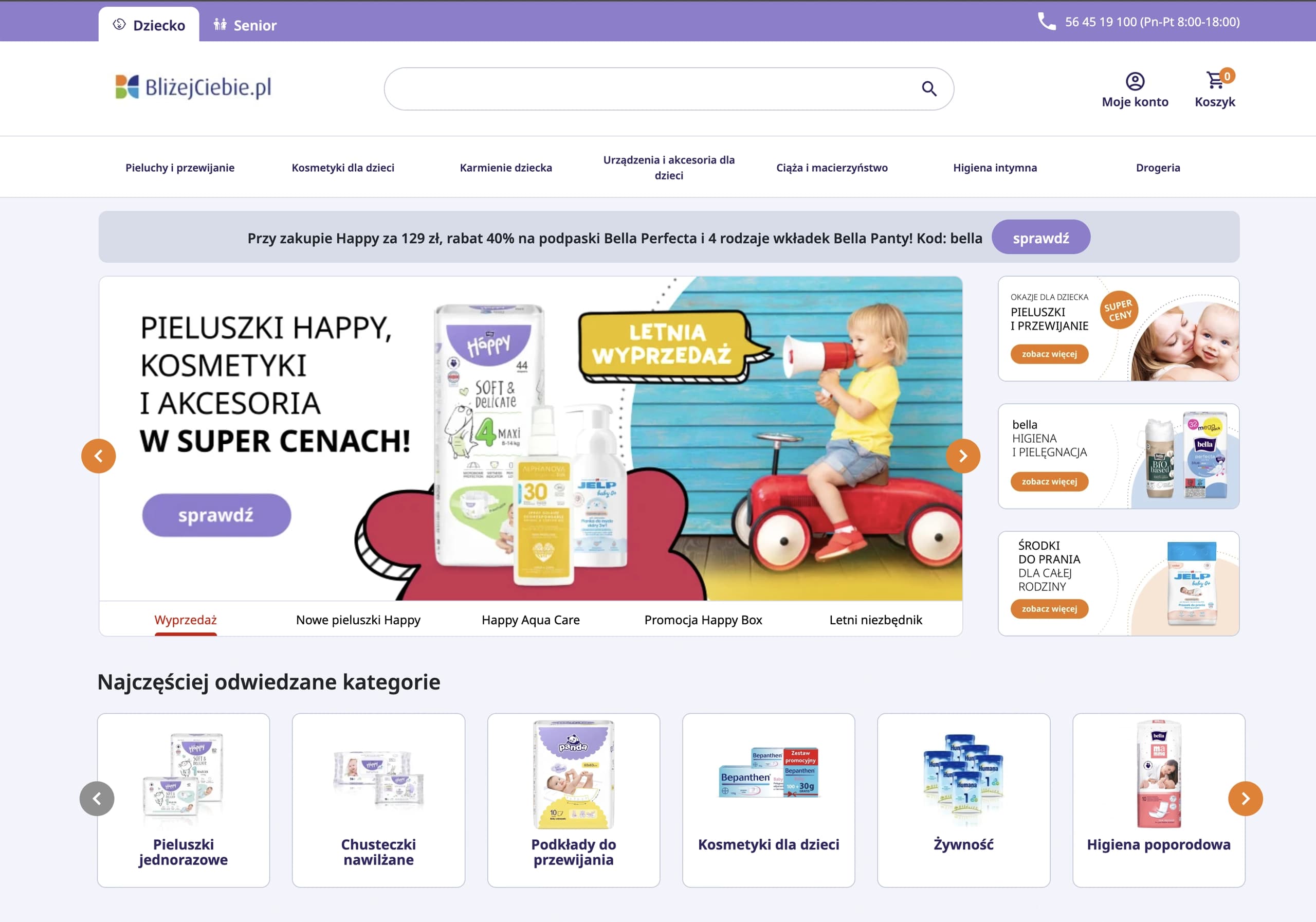 Strona główna sklepu BlizejCiebie.pl z banerem „Pieluszki Happy, kosmetyki i akcesoria w super cenach! Letnia wyprzedaż".