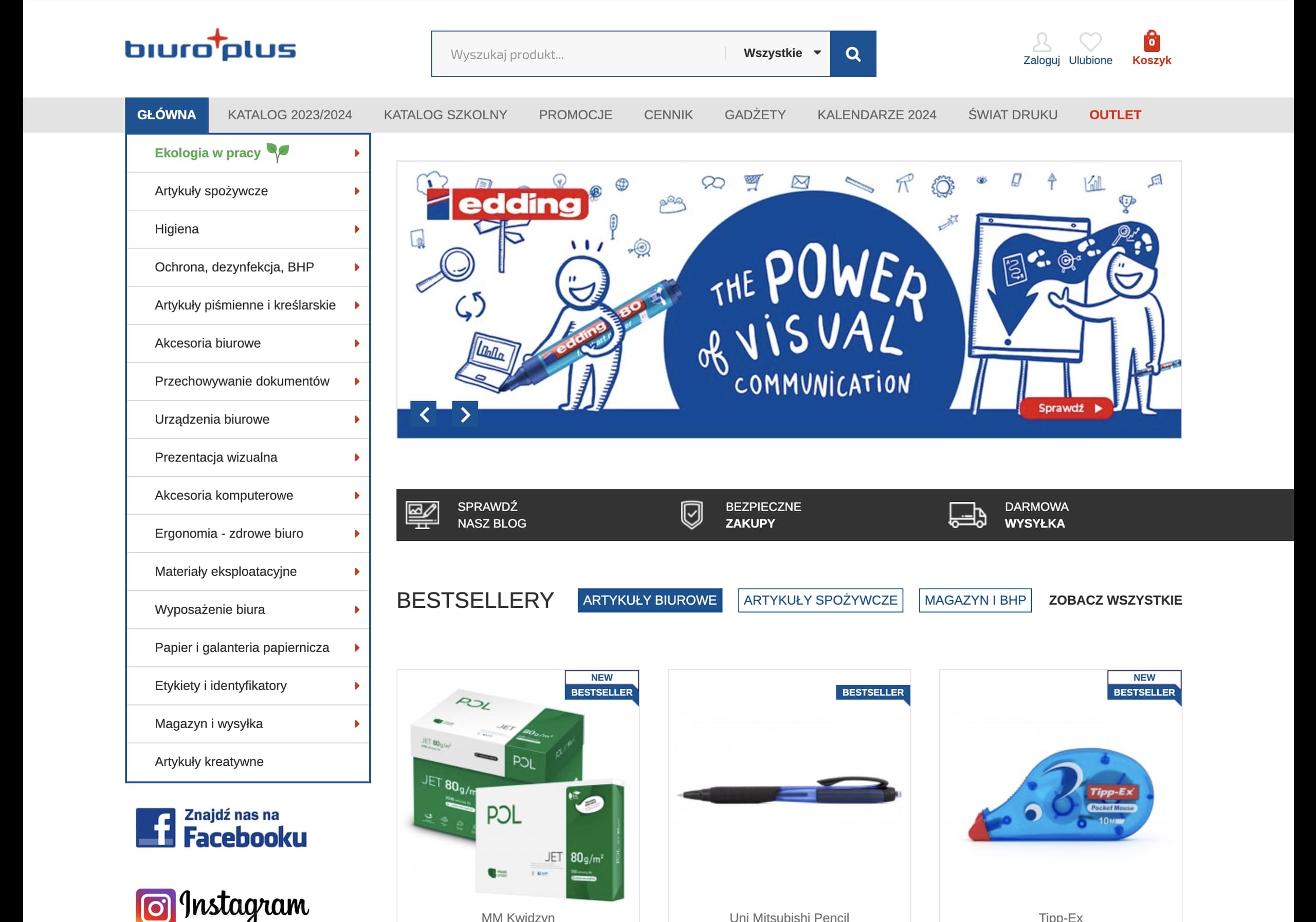 Strona główna sklepu internetowego Biuro Plus z banerem edding „The Power of Visual Communication" i sekcją Bestsellery.
