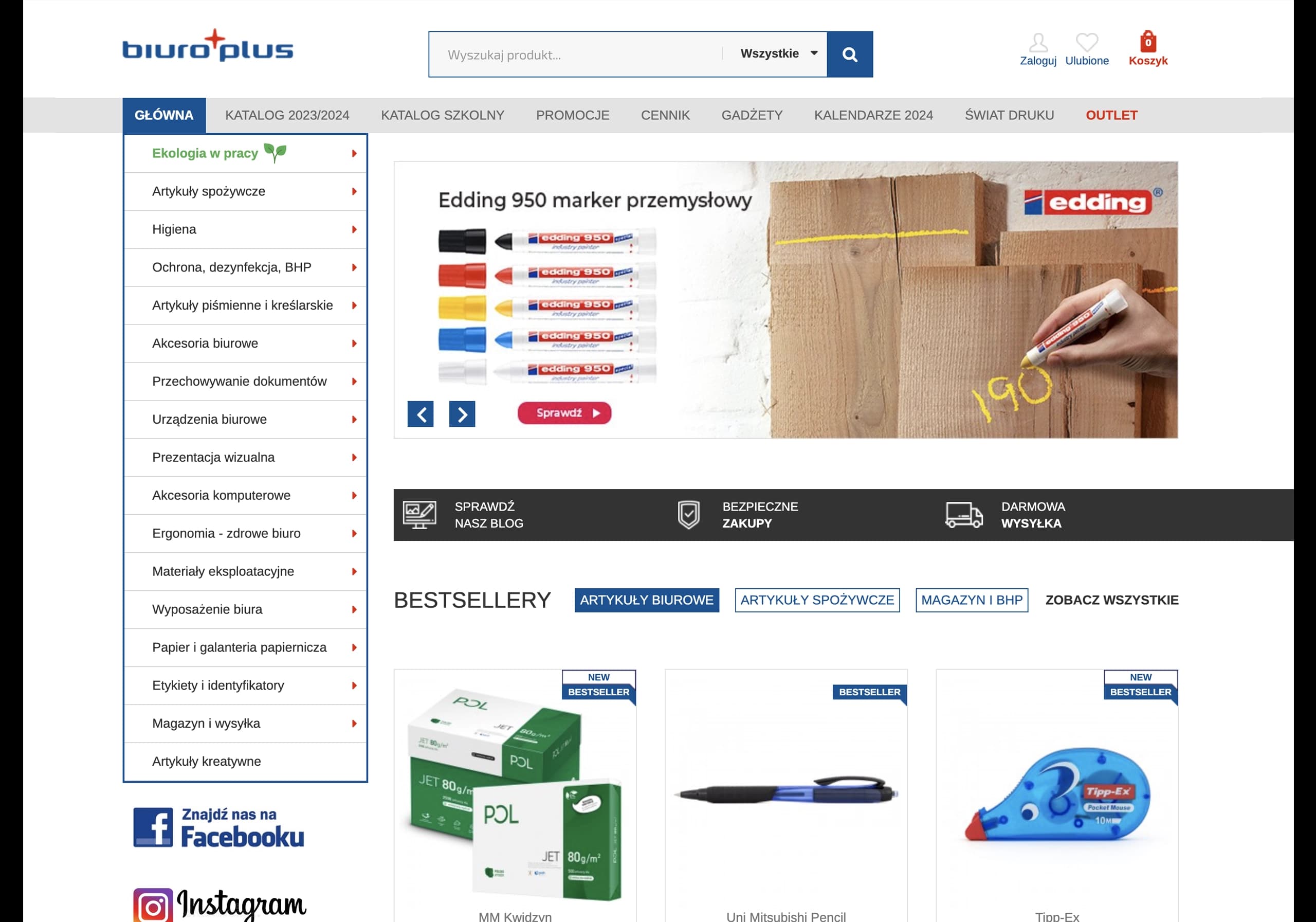 Strona główna sklepu internetowego Biuro Plus z menu kategorii, banerem Edding 950 marker przemysłowy i sekcją Bestsellery.