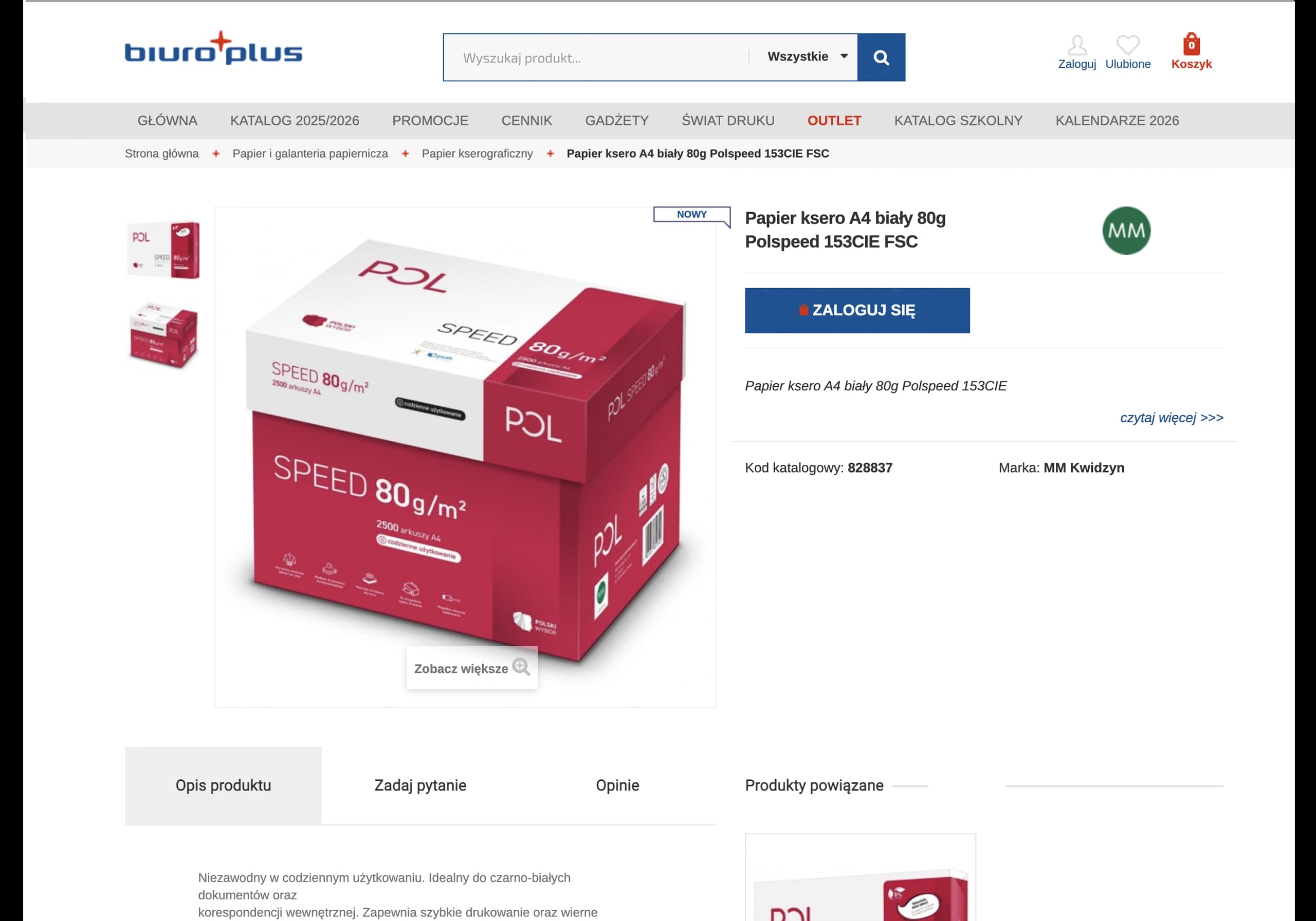 Strona produktu sklepu Biuro Plus – papier ksero A4 biały 80g Polspeed 153CIE FSC, opakowanie z napisem SPEED 80g/m².