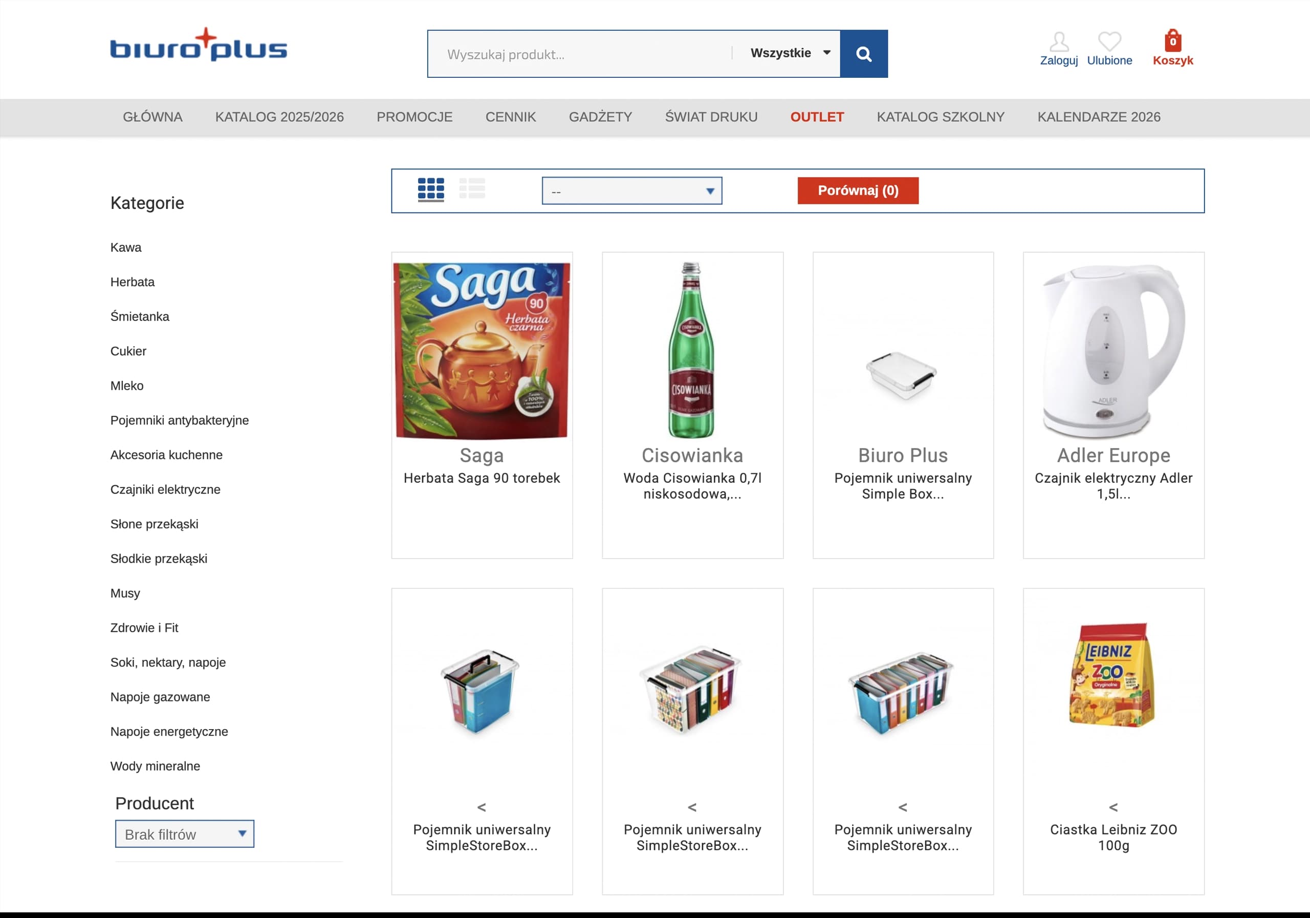 Sklep internetowy Biuro Plus – sekcja Outlet z produktami: herbata Saga, woda Cisowianka, czajnik Adler.