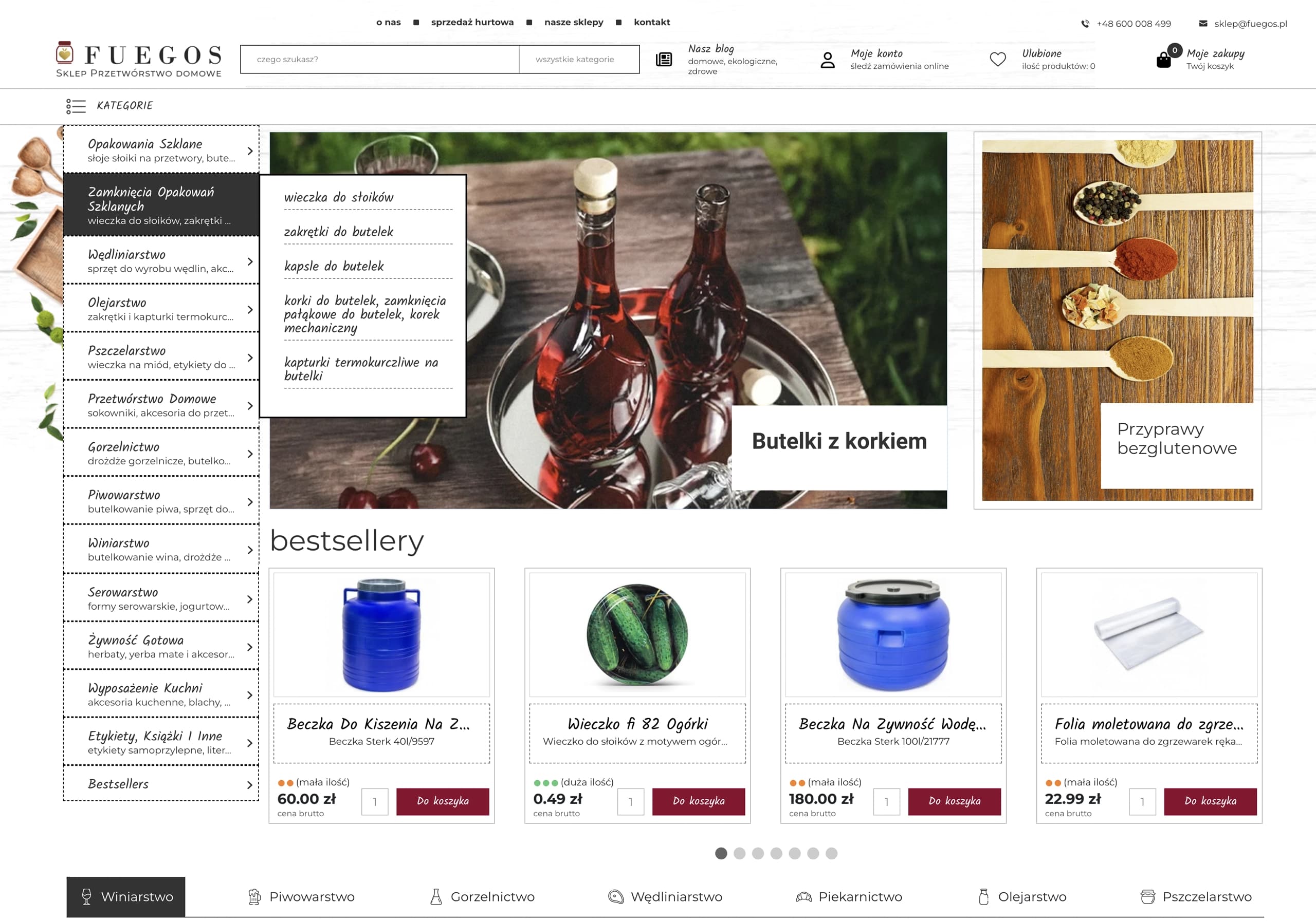 Strona sklepu internetowego Fuegos – sklep przetwórstwo domowe z rozwiniętym menu kategorii i sekcją bestsellerów.