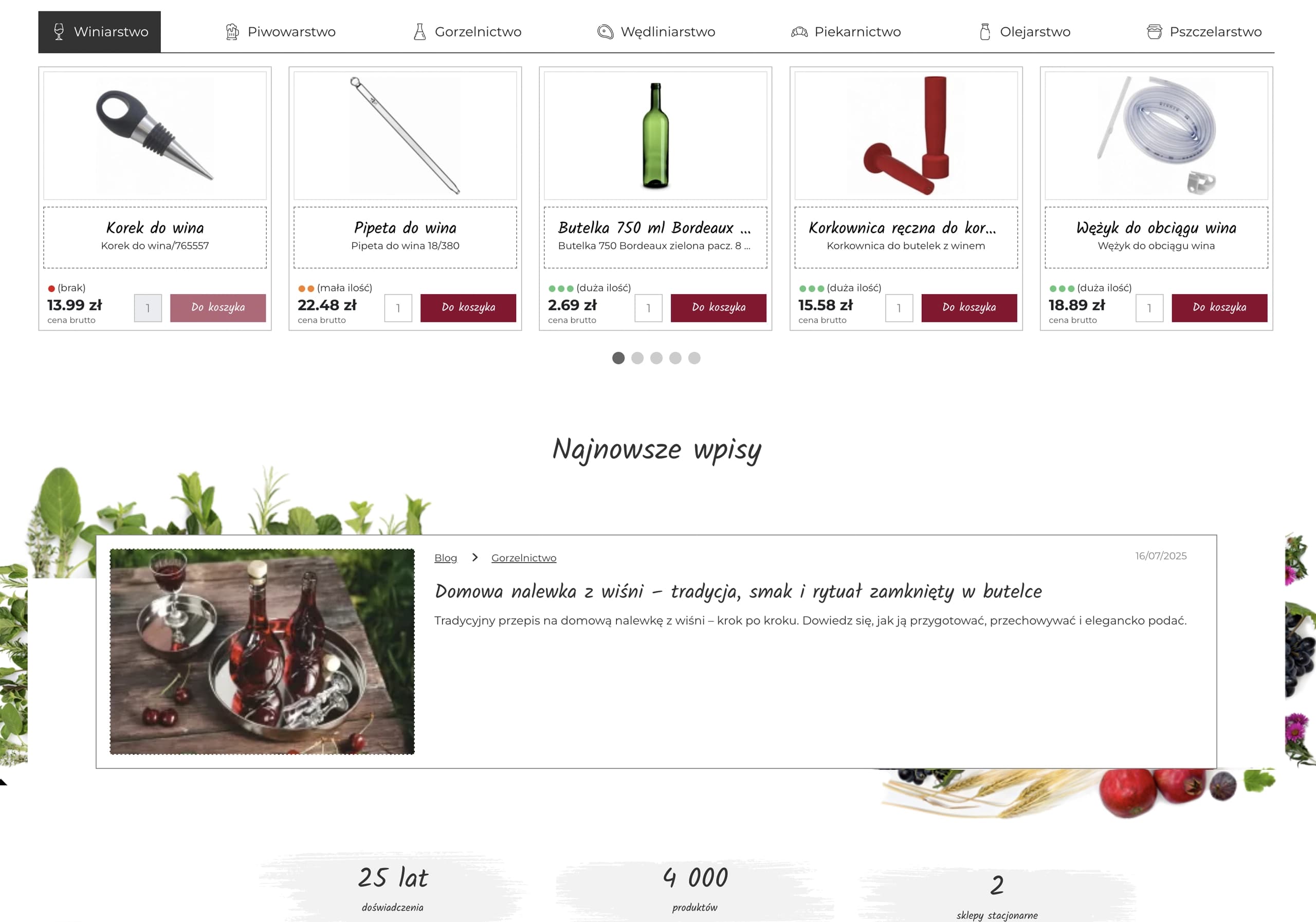 Strona sklepu Fuegos z kategorią Winiarstwo: produkty, sekcja Najnowsze wpisy i statystyki 25 lat, 4000 produktów, 2 sklepy.