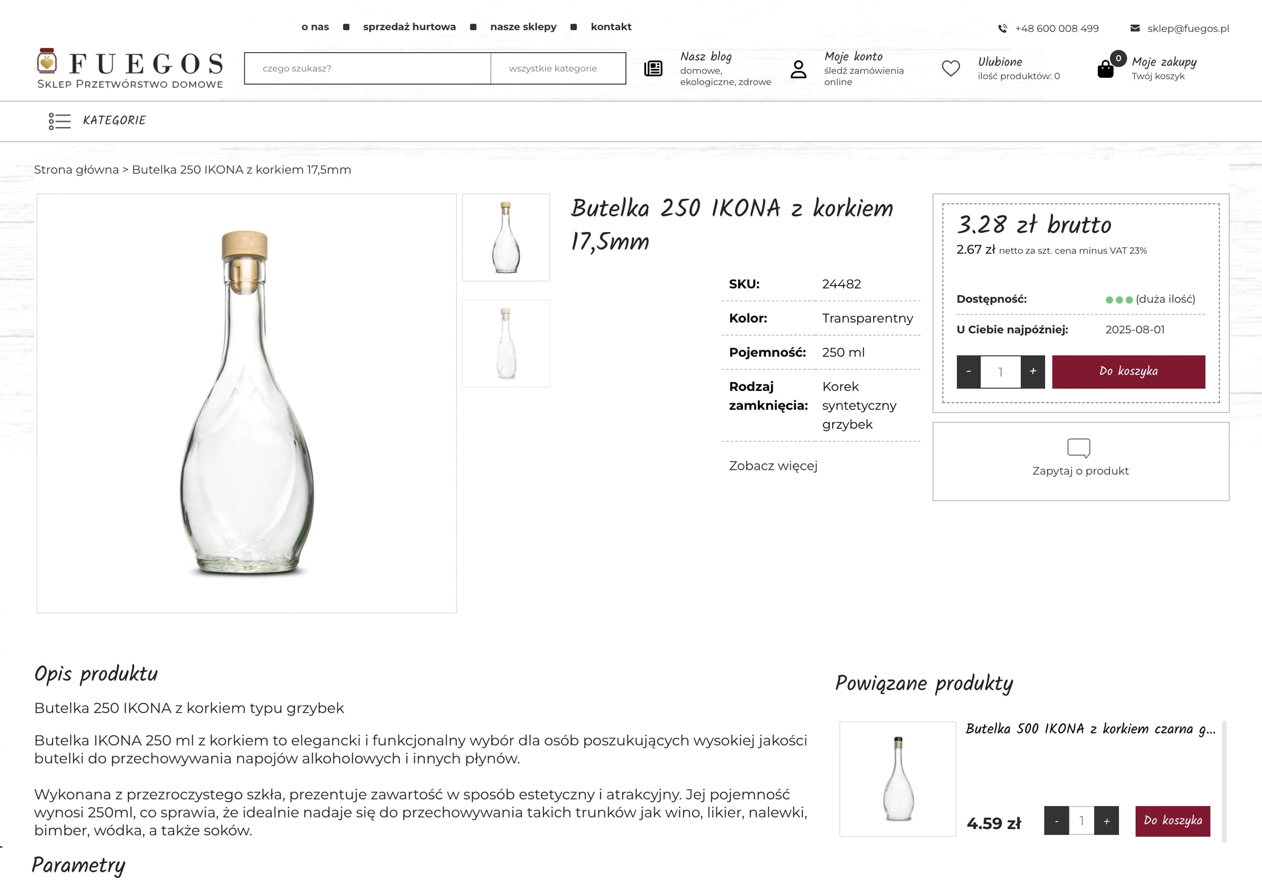 Zrzut ekranu sklepu Fuegos z kartą produktu Butelka 250 IKONA z korkiem 17,5mm w cenie 3,28 zł brutto.
