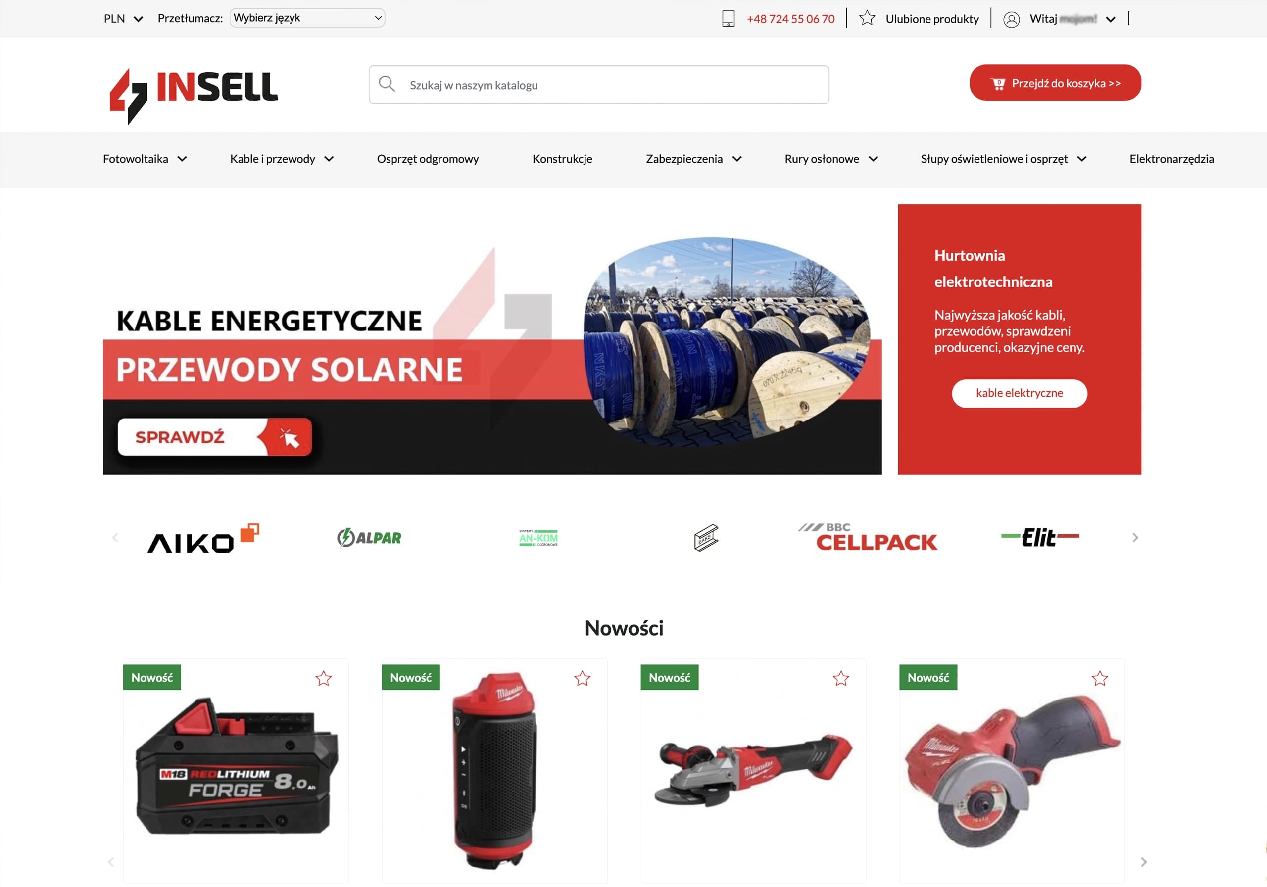 Strona główna sklepu internetowego Insell z ofertą kabli energetycznych i przewodów solarnych oraz sekcją Nowości.