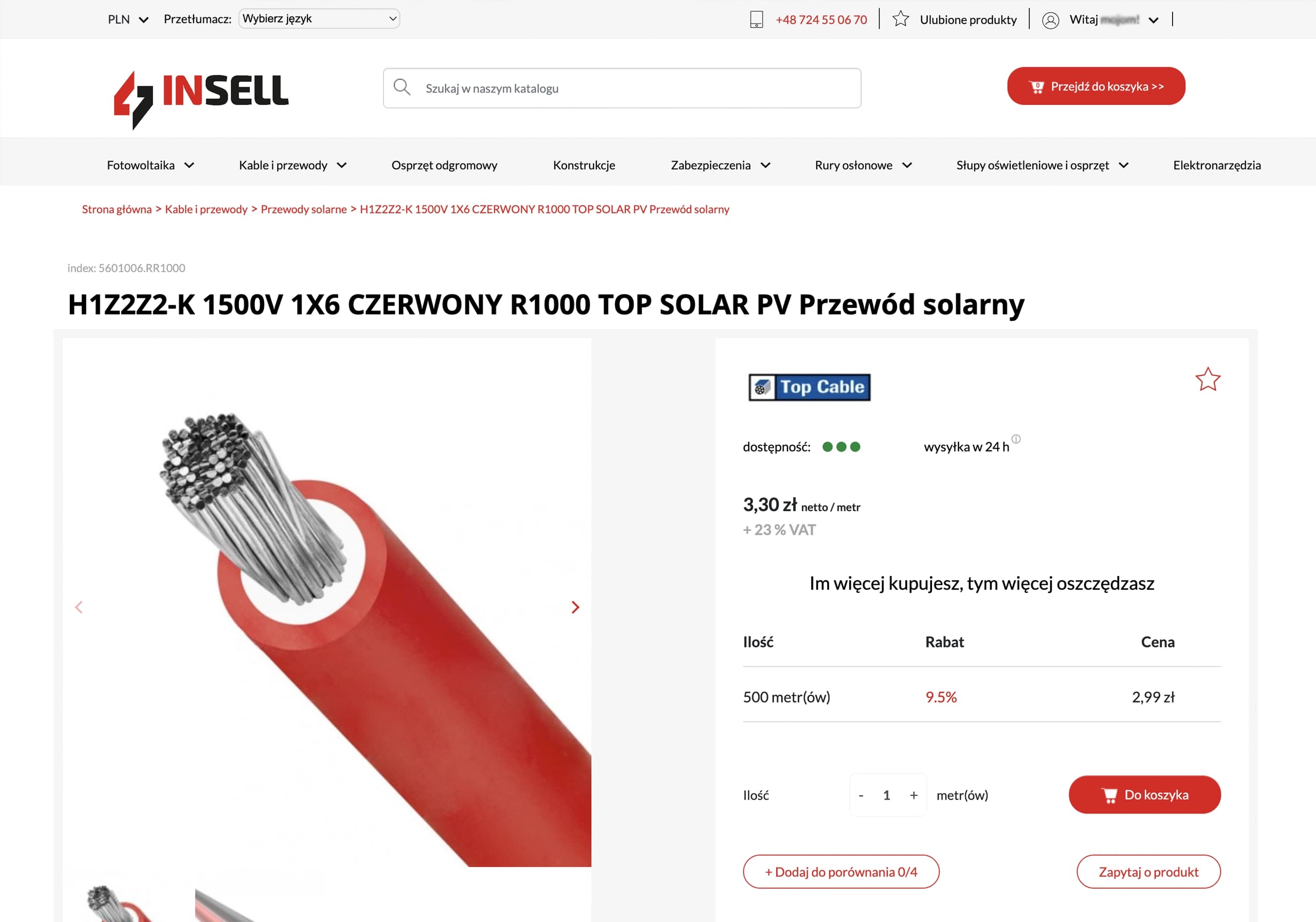 Strona produktu przewodu solarnego H1Z2Z2-K 1500V 1X6 czerwony w sklepie Insell – zdjęcie kabla, cena 3,30 zł/metr.
