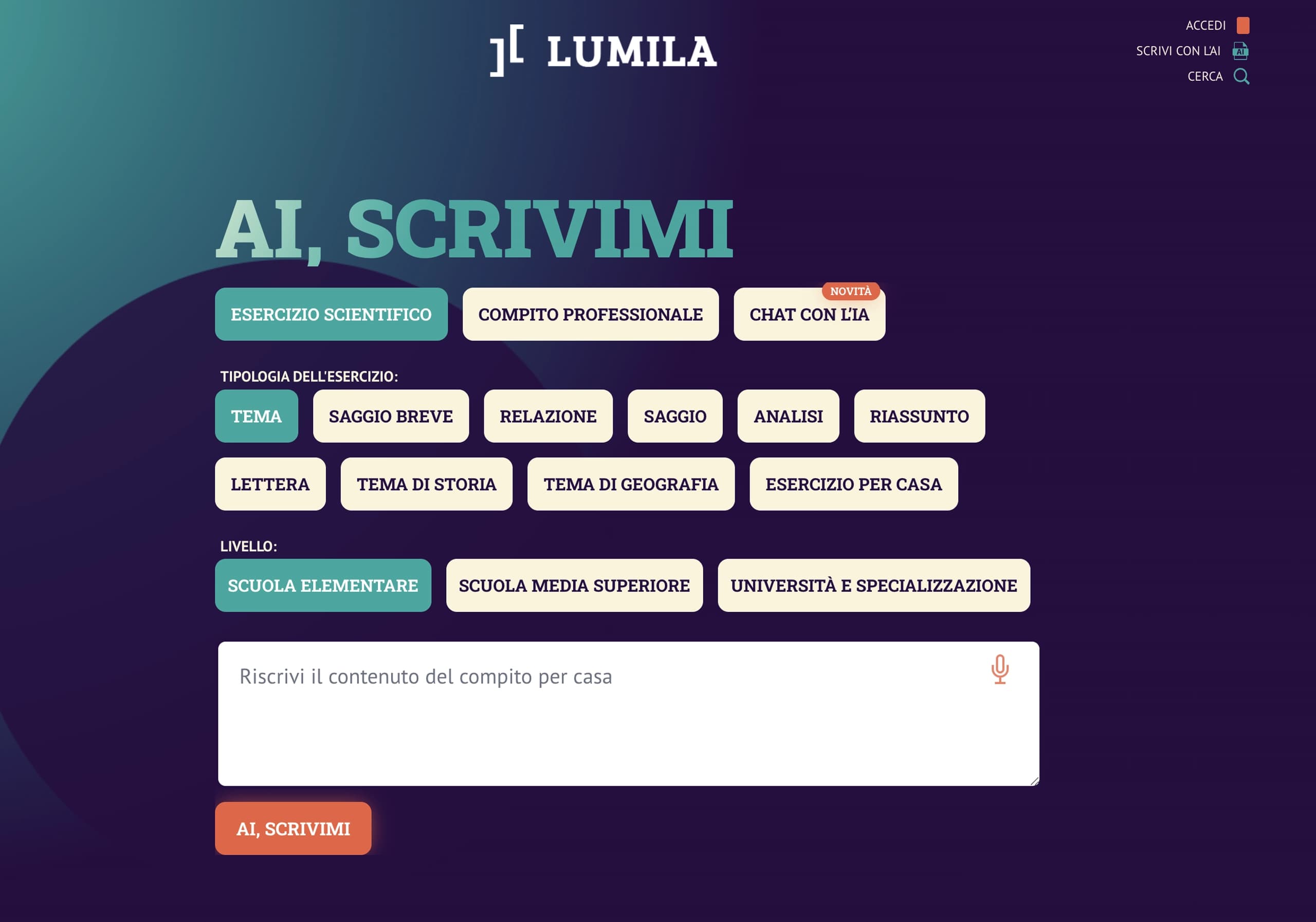 Strona główna platformy Lumila z hasłem „AI, Scrivimi" i opcjami wyboru typu ćwiczenia oraz poziomu nauczania.