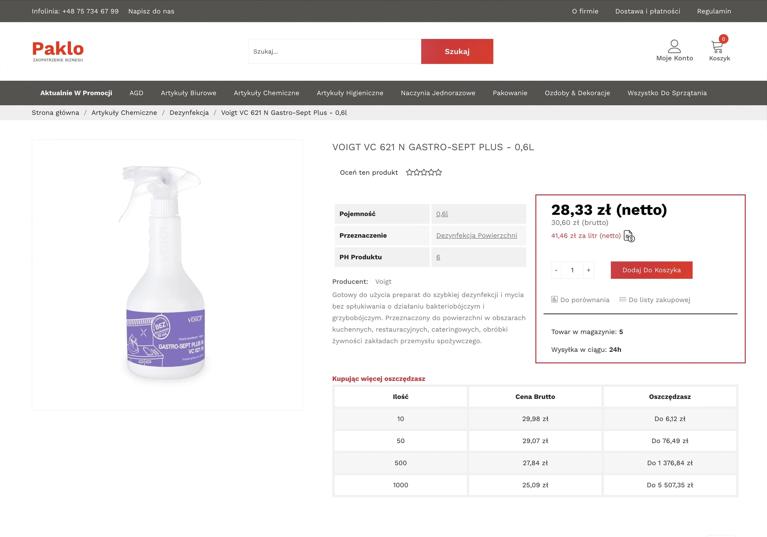 Strona produktu Voigt VC 621 N Gastro-Sept Plus 0,6l w sklepie internetowym Paklo z ceną 28,33 zł netto.