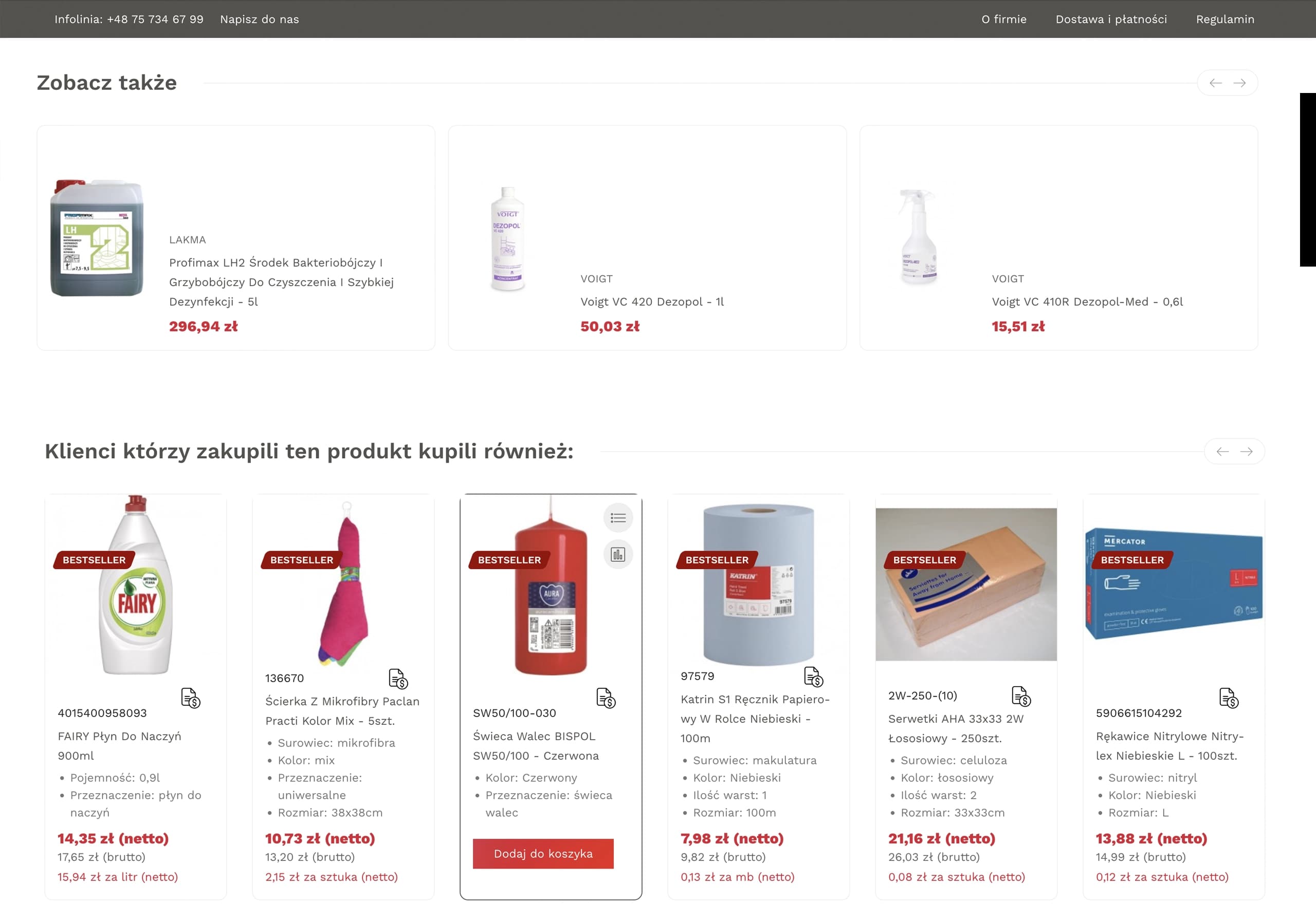 Strona sklepu Paklo z sekcjami „Zobacz także" i „Klienci kupili również" z produktami FAIRY, VOIGT, LAKMA.