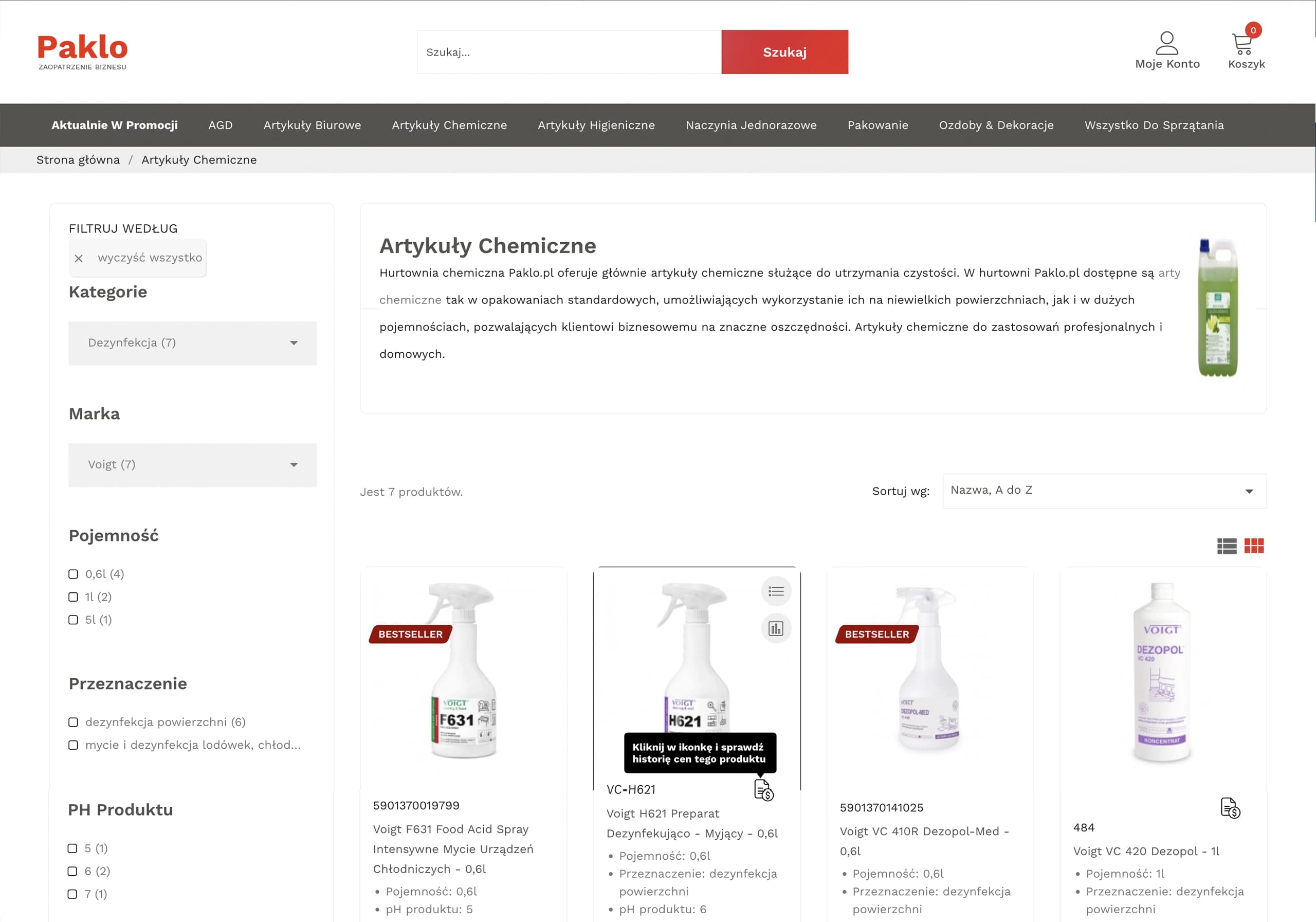 Strona kategorii Artykuły Chemiczne w sklepie internetowym Paklo z listą produktów marki Voigt do dezynfekcji.