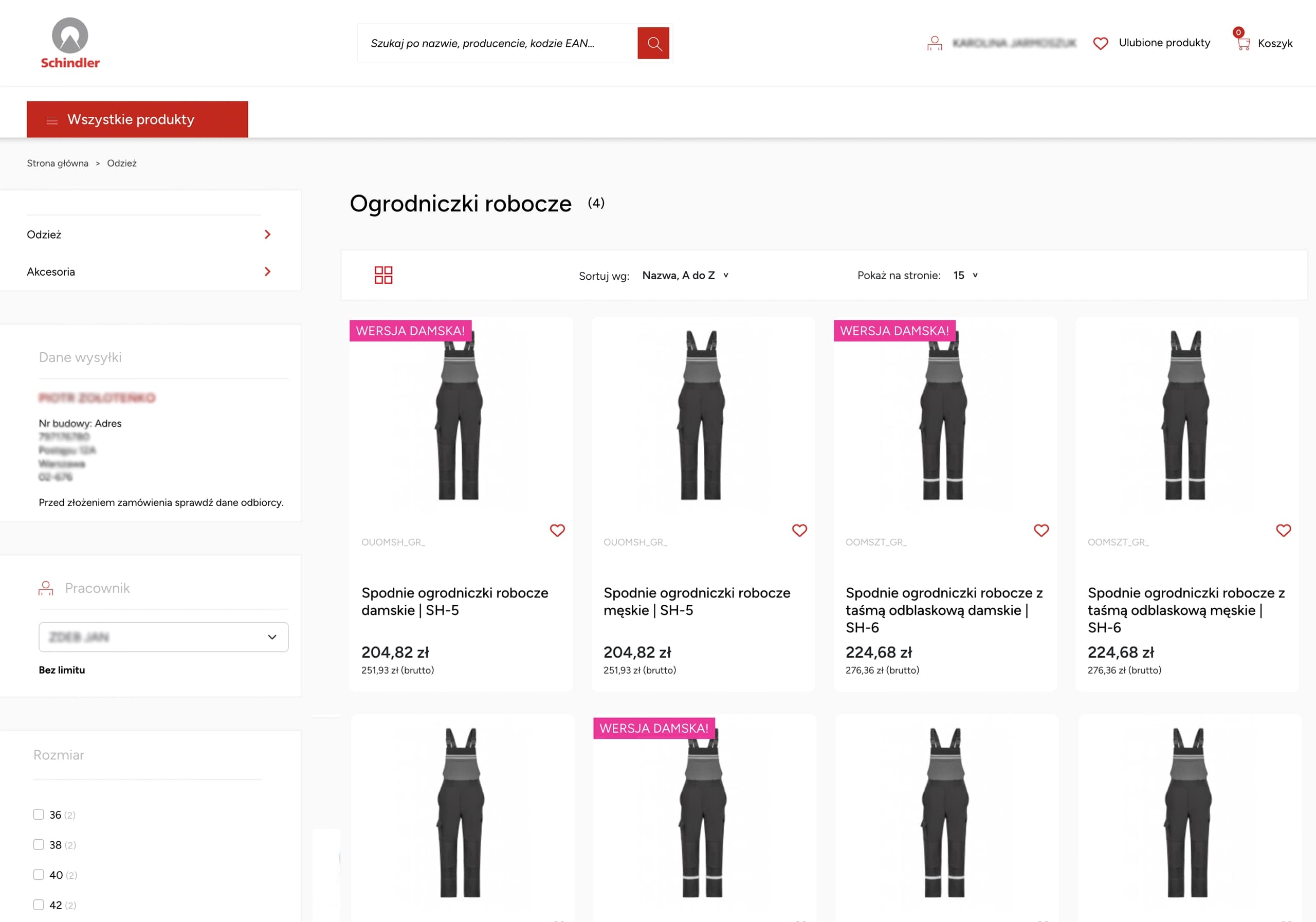 Sklep internetowy Schindler z kategorią „Ogrodniczki robocze" – lista 4 produktów z cenami ok. 204–224 zł.