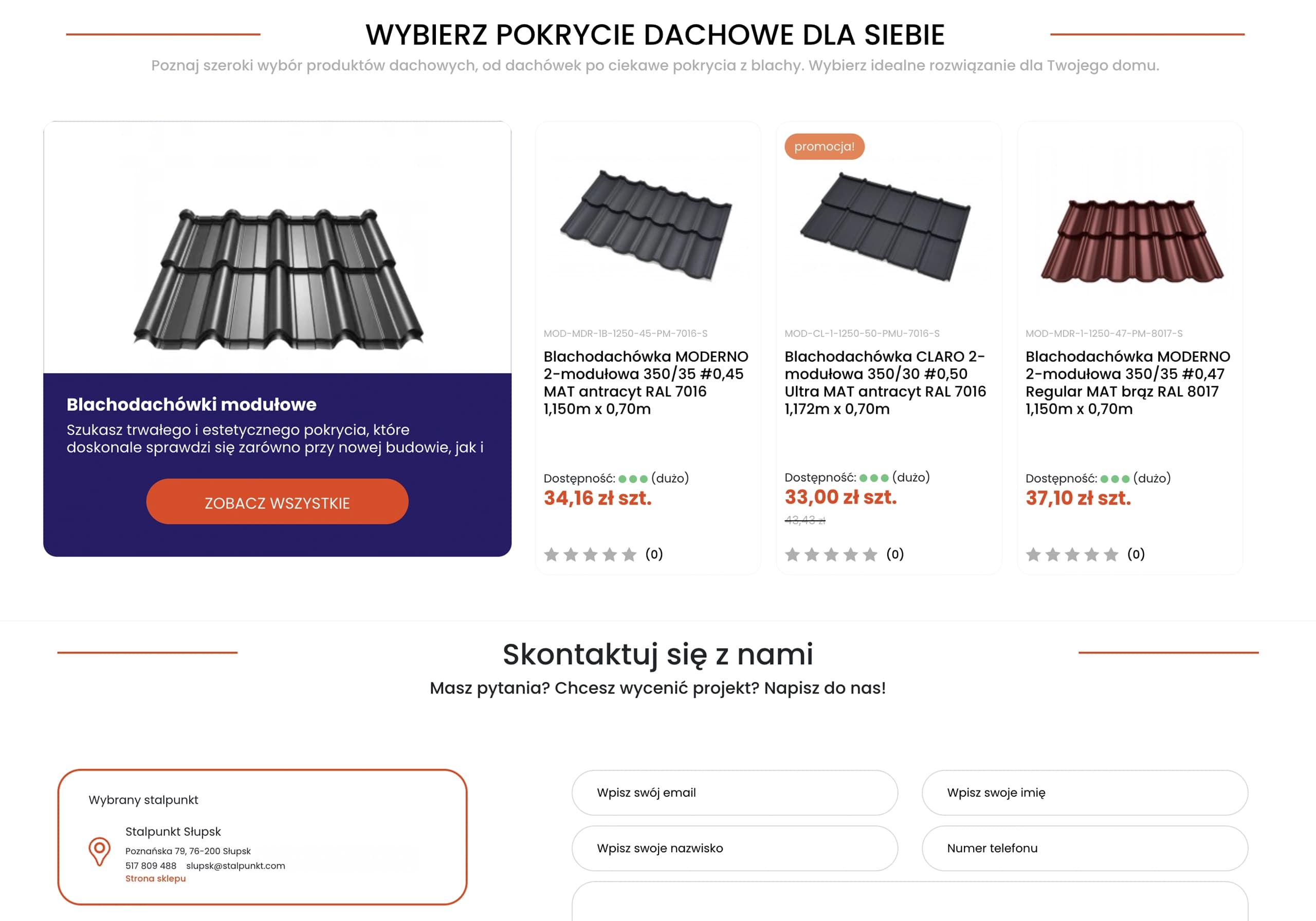Strona sklepu Stalpunkt z blachodachówkami modułowymi MODERNO i CLARO w cenach od 33 zł/szt.