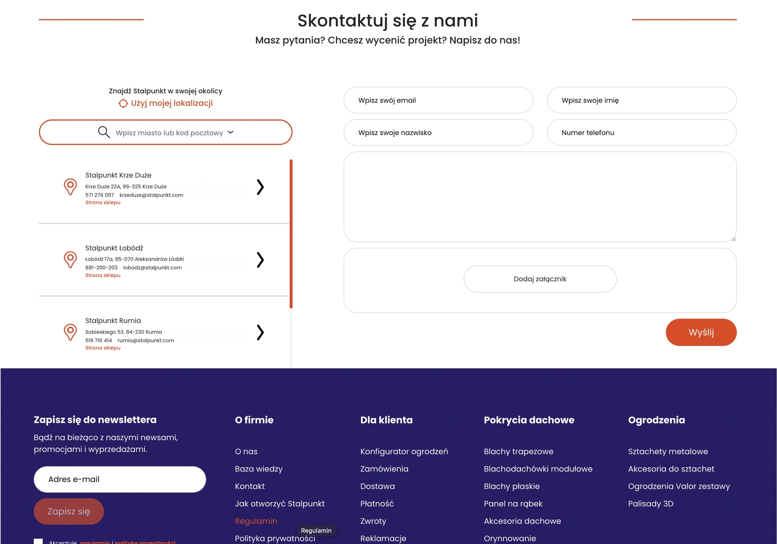 Strona kontaktowa Stalpunkt z formularzem, wyszukiwarką punktów sprzedaży i stopką z nawigacją.