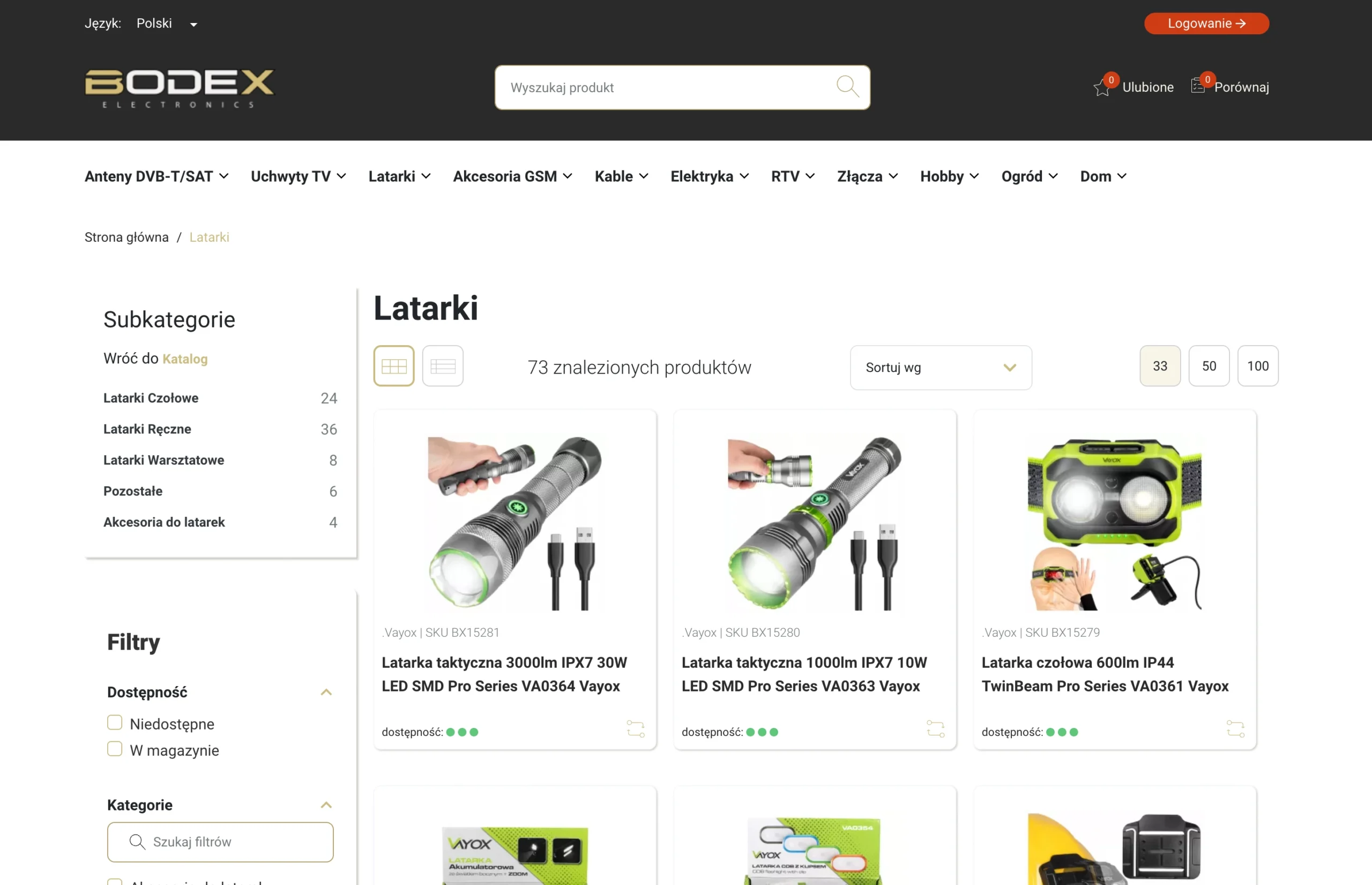 Strona kategorii Latarki w sklepie Bodex Electronics z listą 73 produktów marki Vayox.
