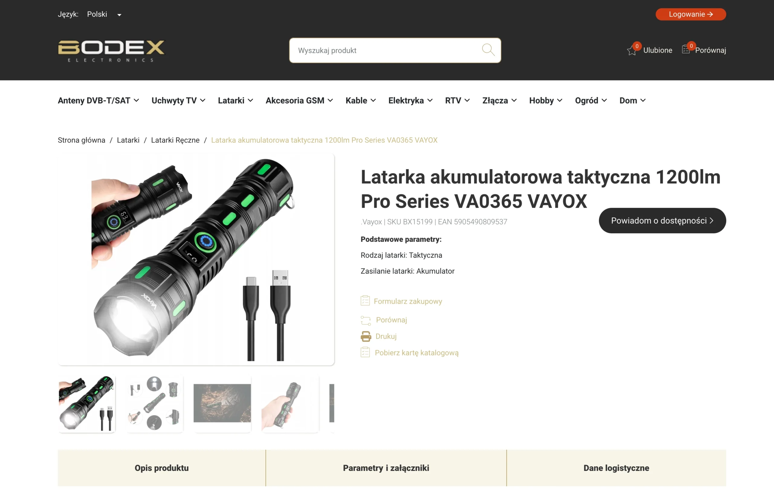 Zrzut ekranu sklepu Bodex Electronics z kartą produktu latarki taktycznej 1200lm Pro Series VA0365 VAYOX