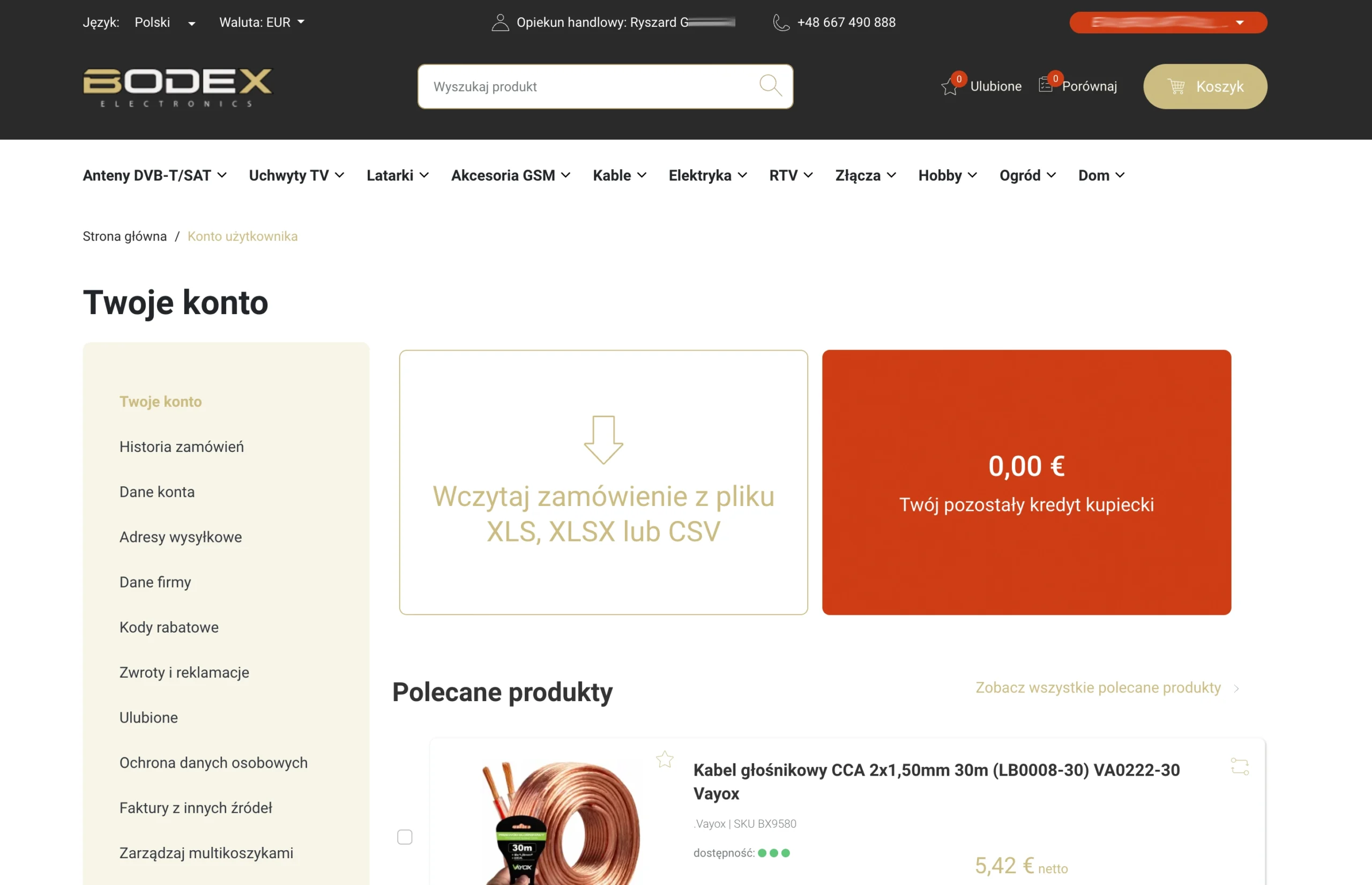 Panel „Twoje konto" w sklepie Bodex Electronics z kredytem kupieckim 0,00 €.