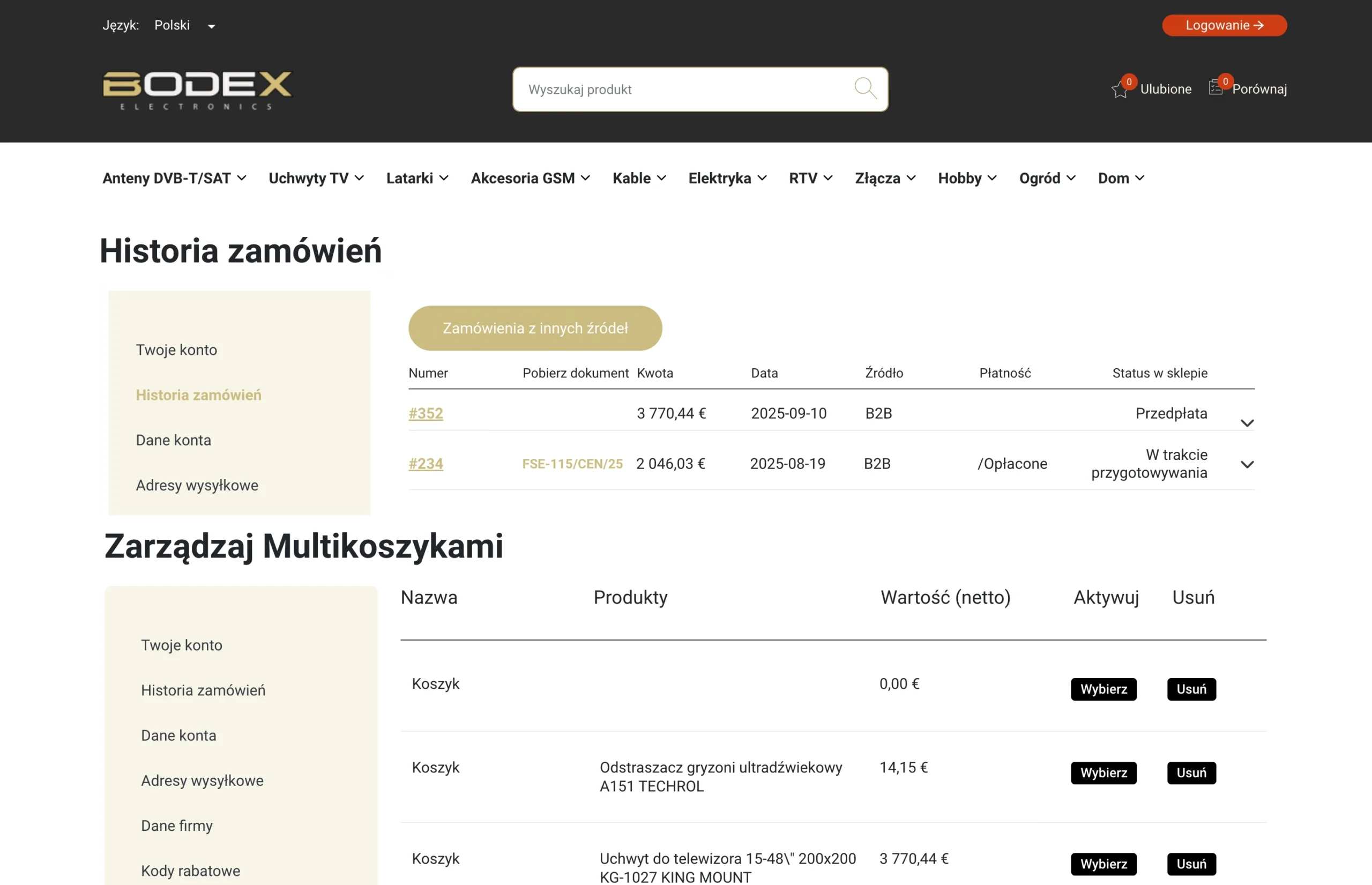 Panel konta w sklepie Bodex Electronics: sekcje Historia zamówień i Zarządzaj Multikoszykami z listą zamówień B2B.