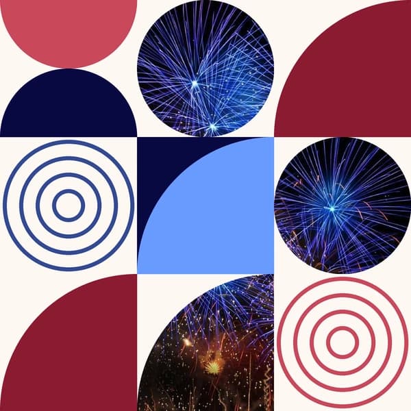 Kolaż z geometrycznych kształtów i zdjęć niebieskich fajerwerków Jorge Fireworks
