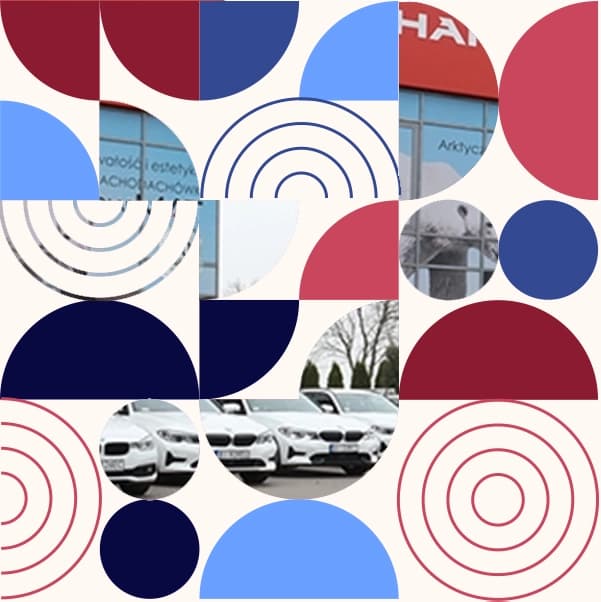 Kolaż z samochodami BMW na parkingu i szyldem dealera Stalpunkt na tle geometrycznych wzorów.