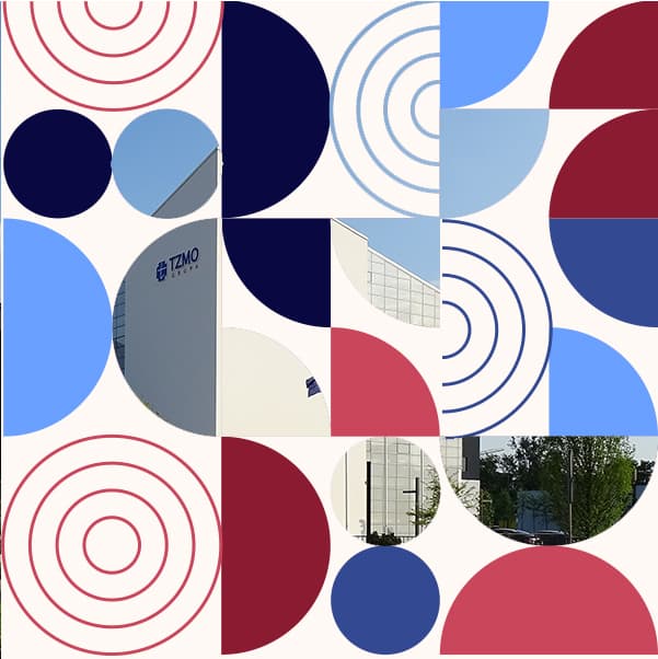 Kolaż geometrycznych kół w kolorach czerwonym, granatowym i szarym oraz zdjęcie budynku z logo TZMO.